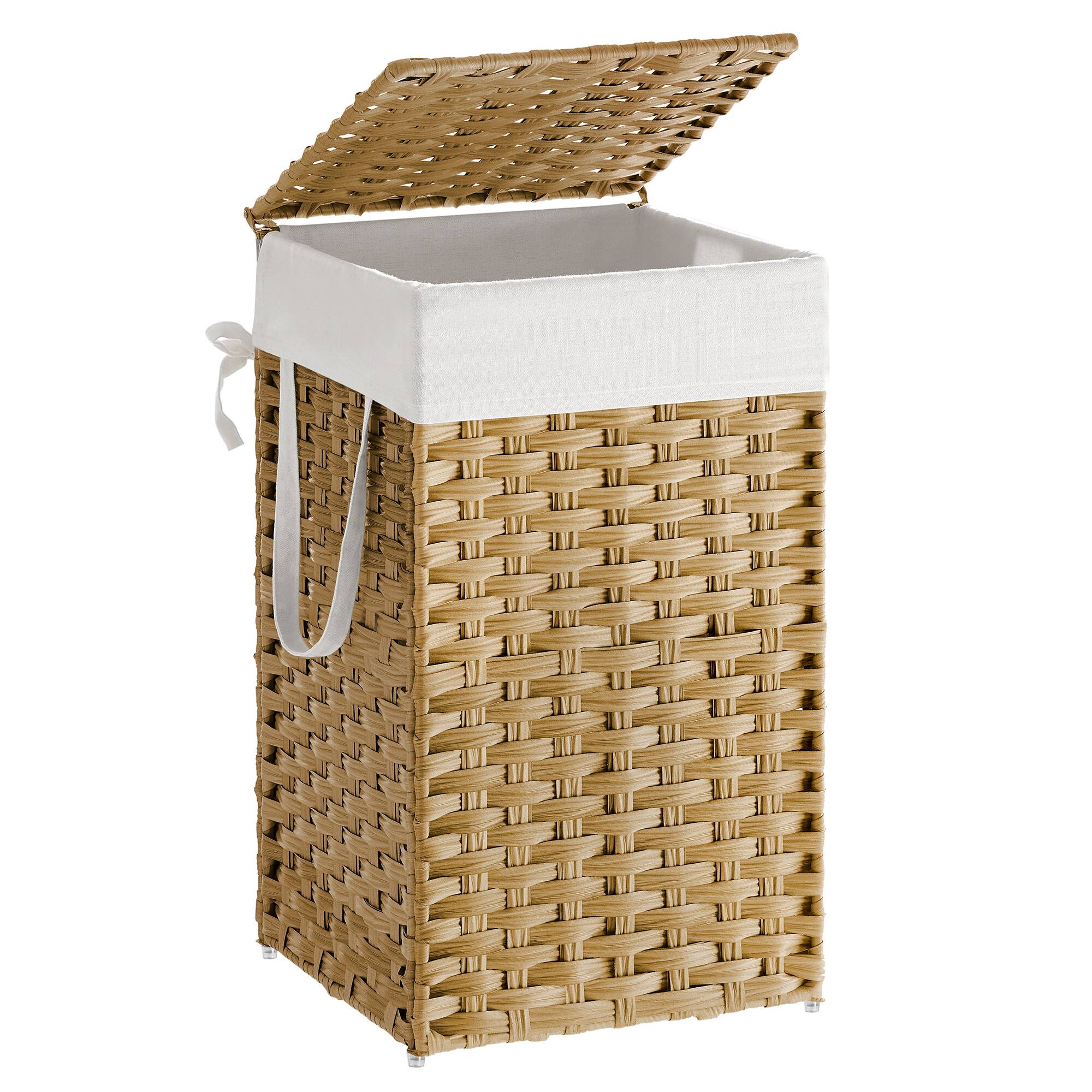 Front. Songmics Home - Laundry Hamper with Lid,17.2 Gallon (65 L)Synthetic Rattan Clothes Laundry Basket with Handles,Foldable,Removable Liner - Goose Yellow.