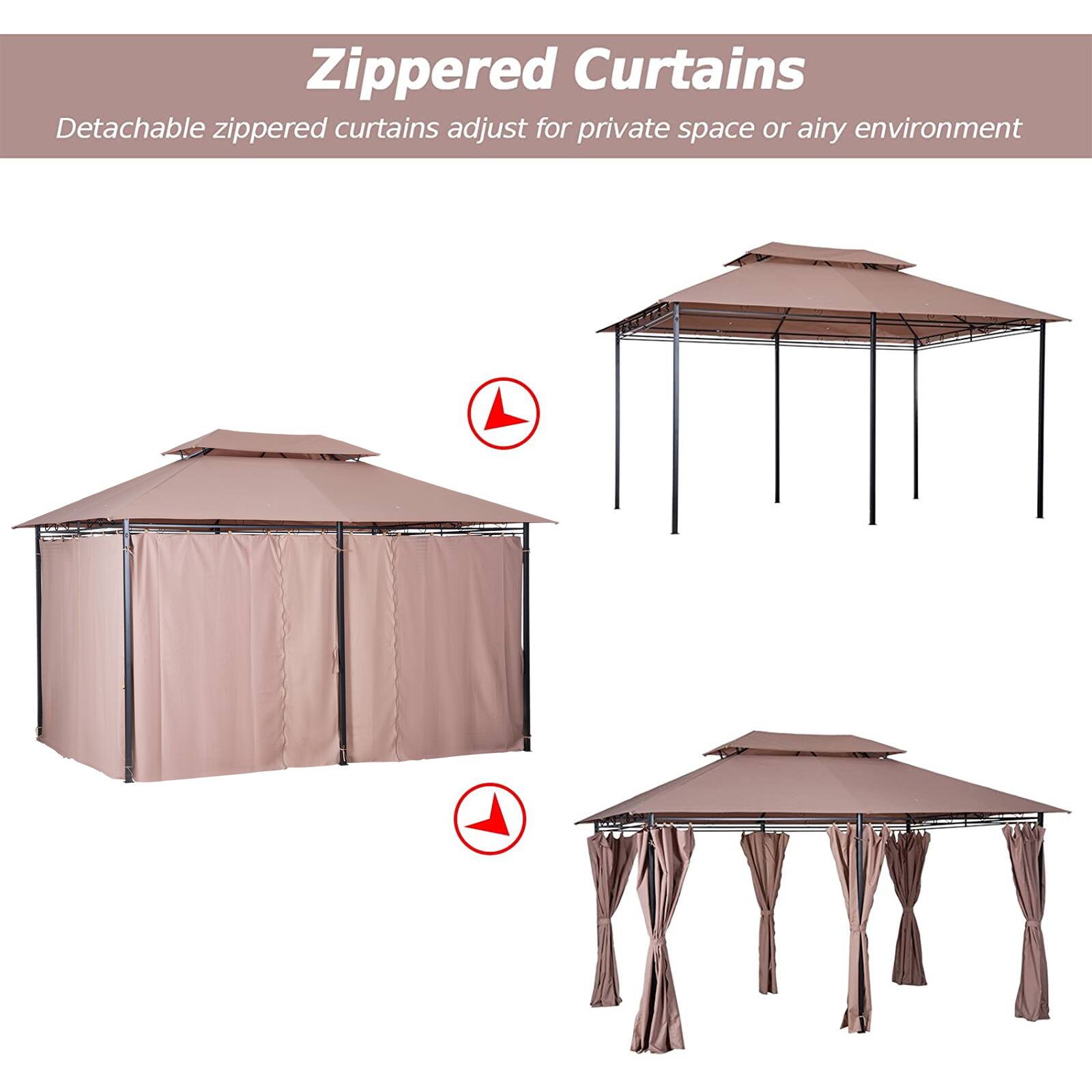 Zippered Curtains
Detachable zippered curtains adjust for private space or airy environment