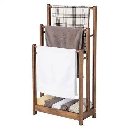 Front. Gymax - Gymax 3-Bar Freestanding Towel Rack w/ Bottom Storage Shelf Anti-toppling Device Rustic Brown - Rustic Brown.
