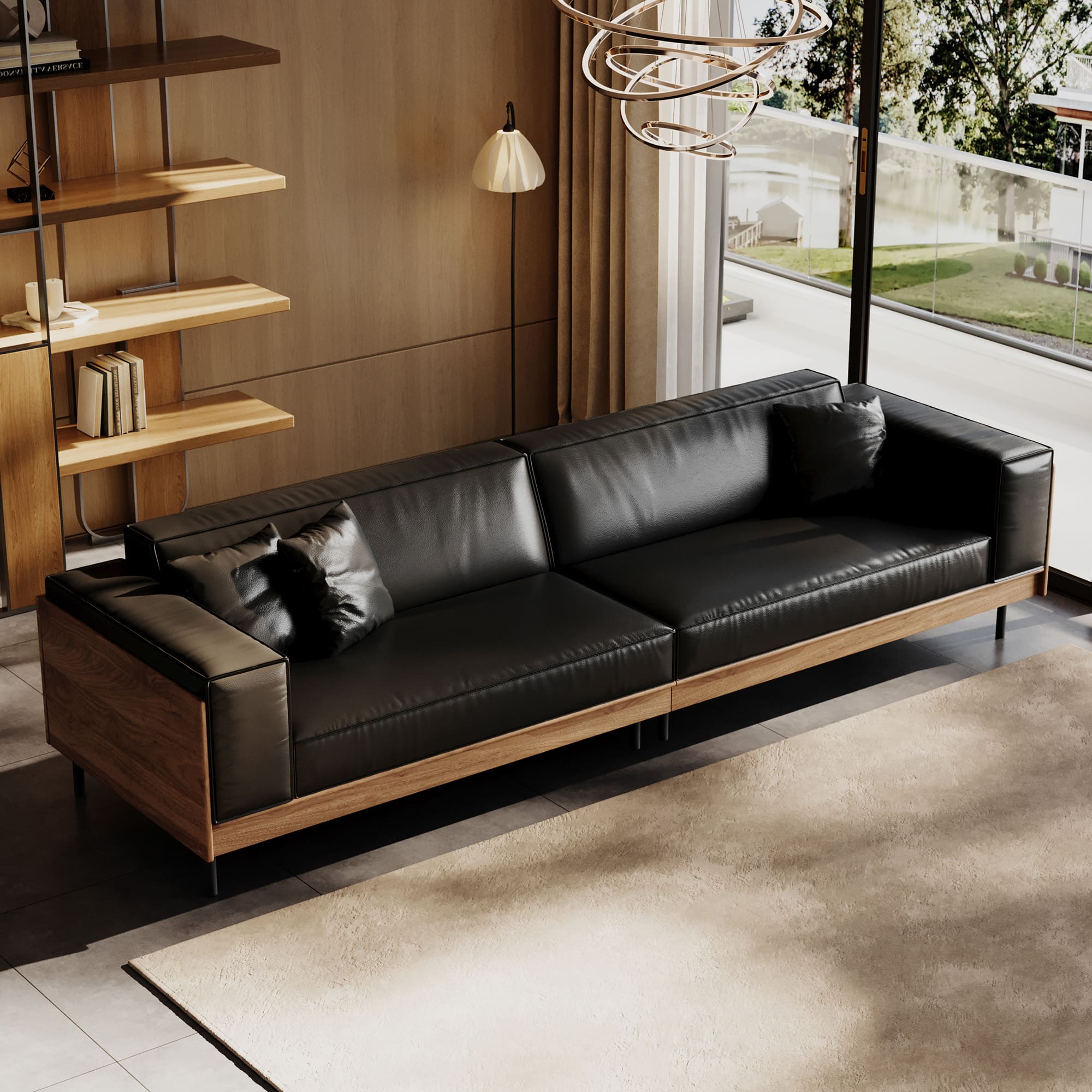 luck idea - Modern Leather Sofa 98.42" Wide, Upholstered Couch with Solid Wood Frame, Metal Legs and 3 Throw Pillows - Black