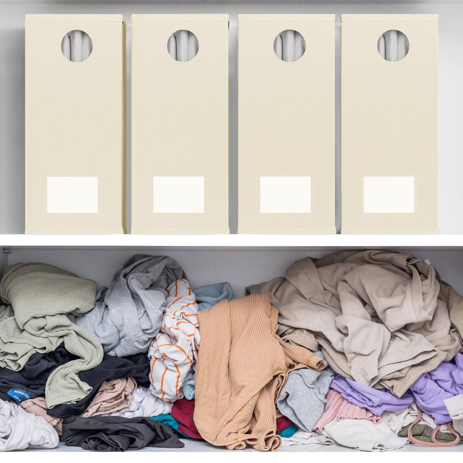 Back. Tooloton - Bed Sheet Organizers 4 Pack, Linen Closet Storage with Window, Queen King Size Bedding Container, Beige - Beige.