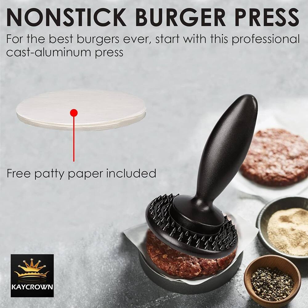 **NONSTICK BURGER PRESS**

For the best burgers ever, start with this professional cast-aluminum press

Free patty paper included

KAYCROWN