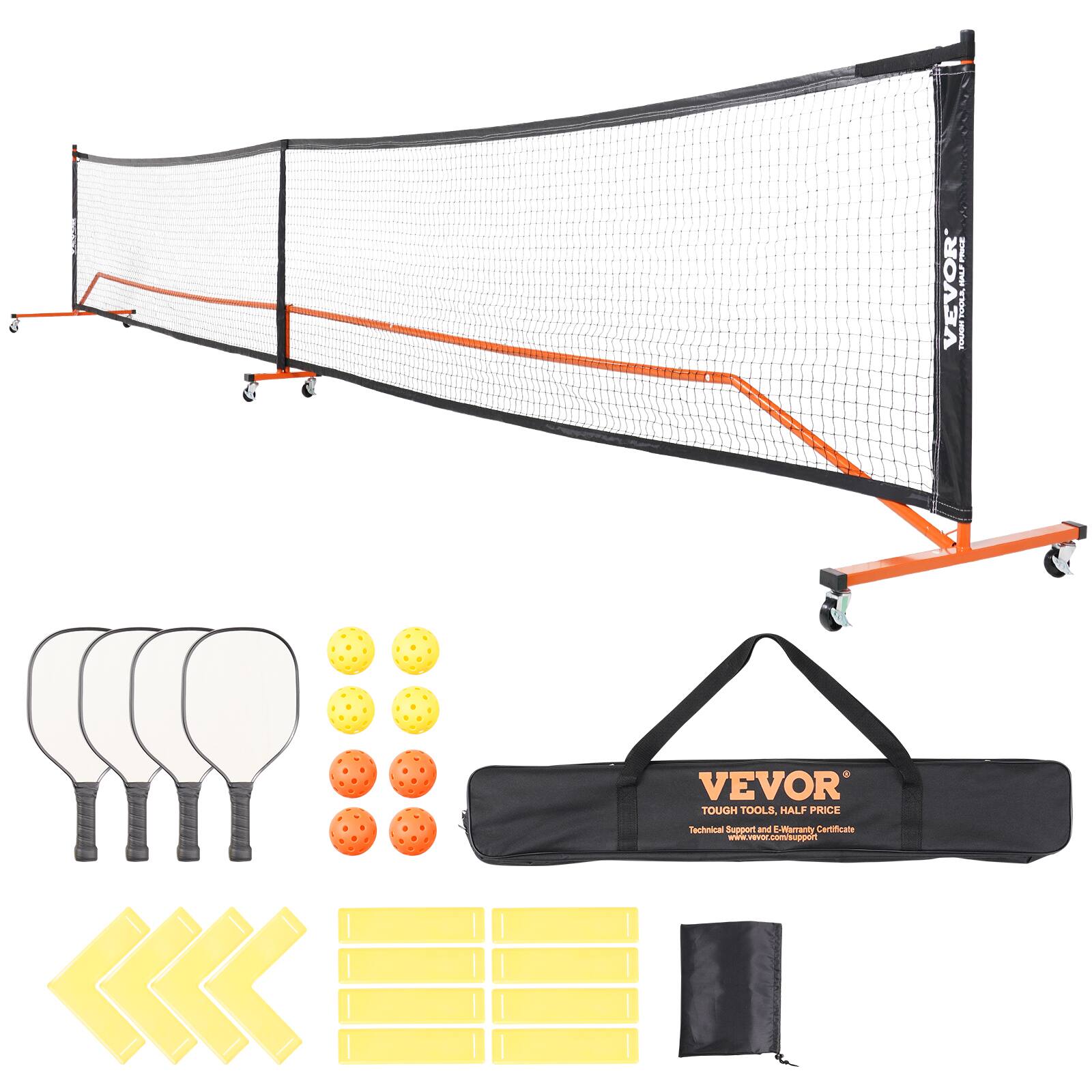 VEVOR - Pickleball Net Set, 22FT Regulation Size Portable Pickleball System with Bags, Balls, Paddles, Wheels, and Court Lines - Orange and black