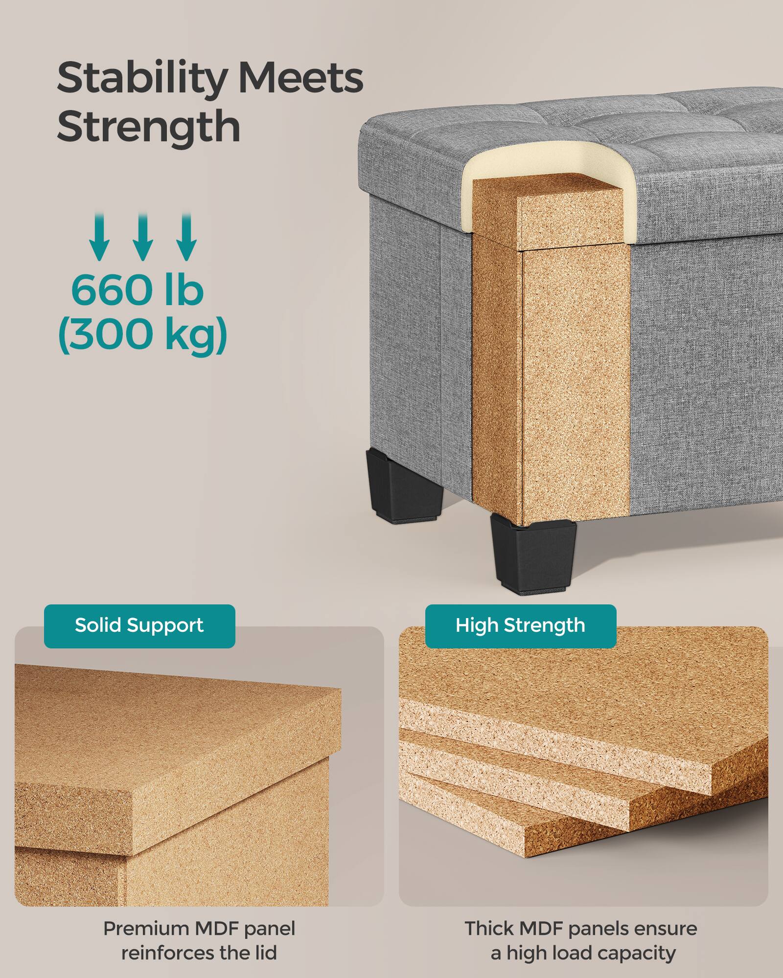 Stability Meets Strength

660 lb (300 kg)

Solid Support

High Strength

Premium MDF panel reinforces the lid

Thick MDF panels ensure a high load capacity