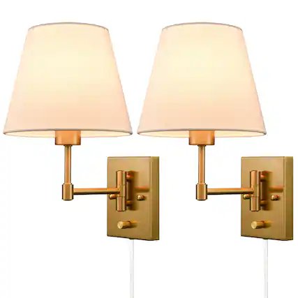 Front. MOOSE - Plug-in Wall Sconces Set Of Two Beige Shade Swing Arm Wall Lamp - Gold.