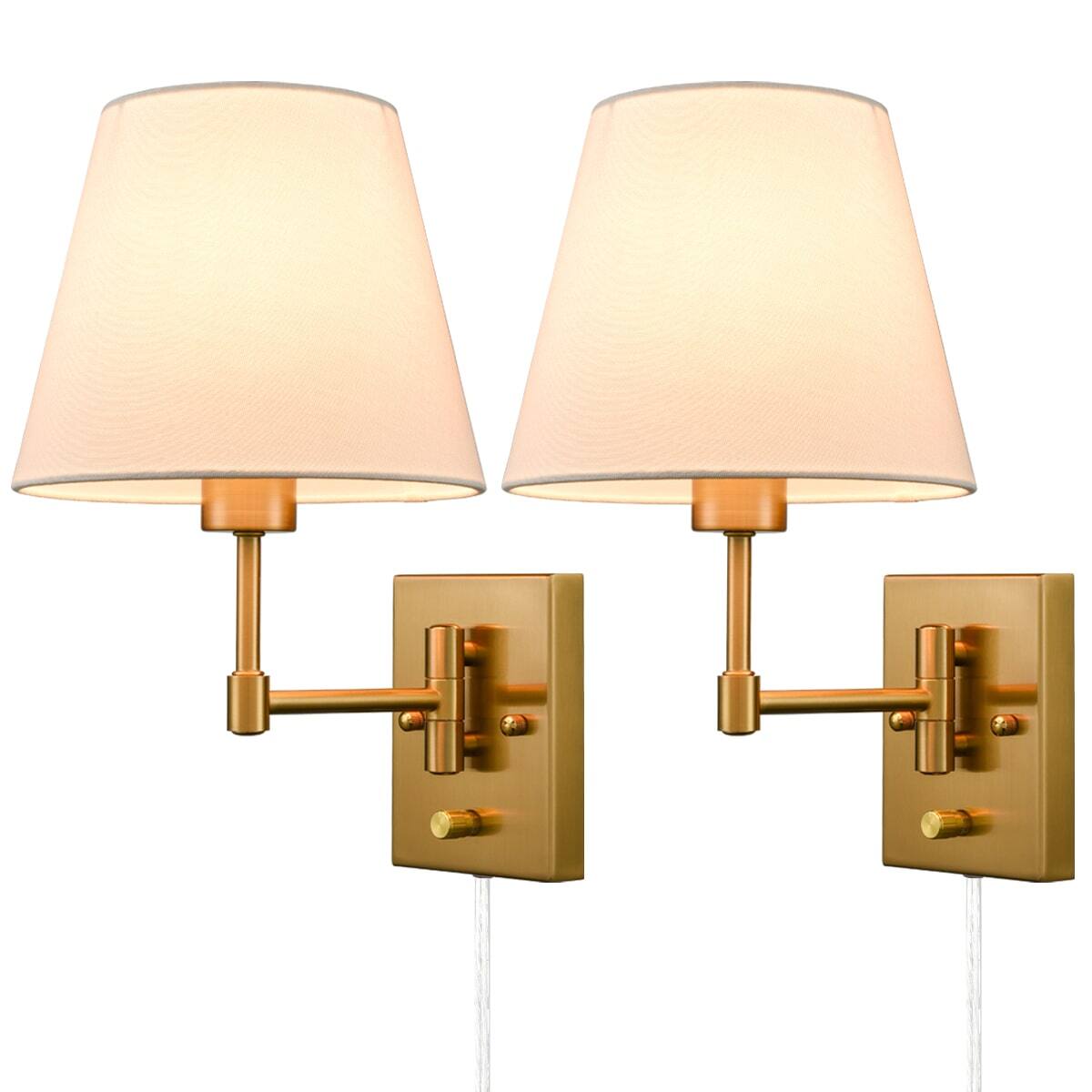 Front. MOOSE - Plug-in Wall Sconces Set Of Two Beige Shade Swing Arm Wall Lamp - Gold.