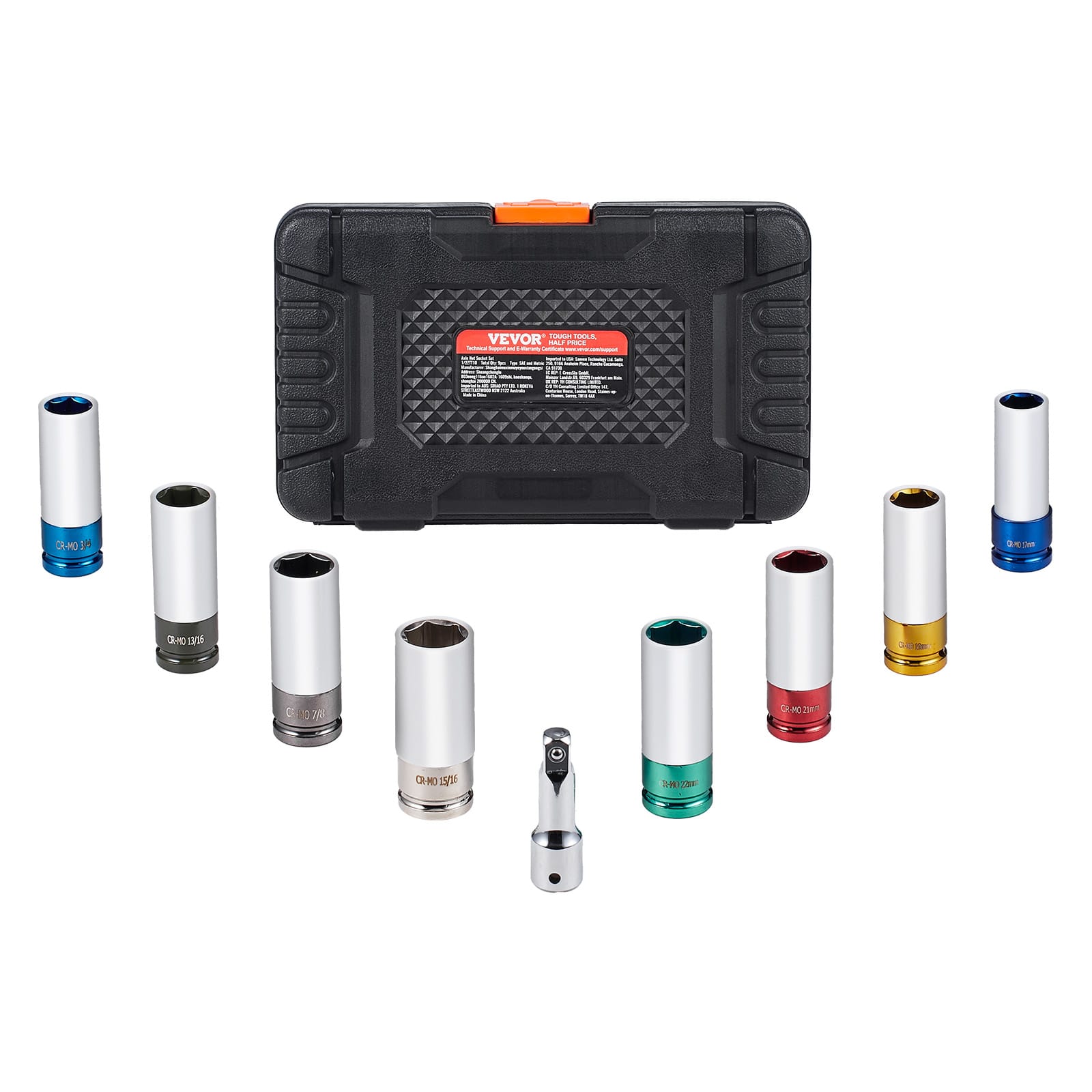 VEVOR - Lug Nut Impact Socket Set, 1/2 inch Drive Metric and SAE 6-Point Deep Socket Set, 8 Total Lug Nut Sizes - Black