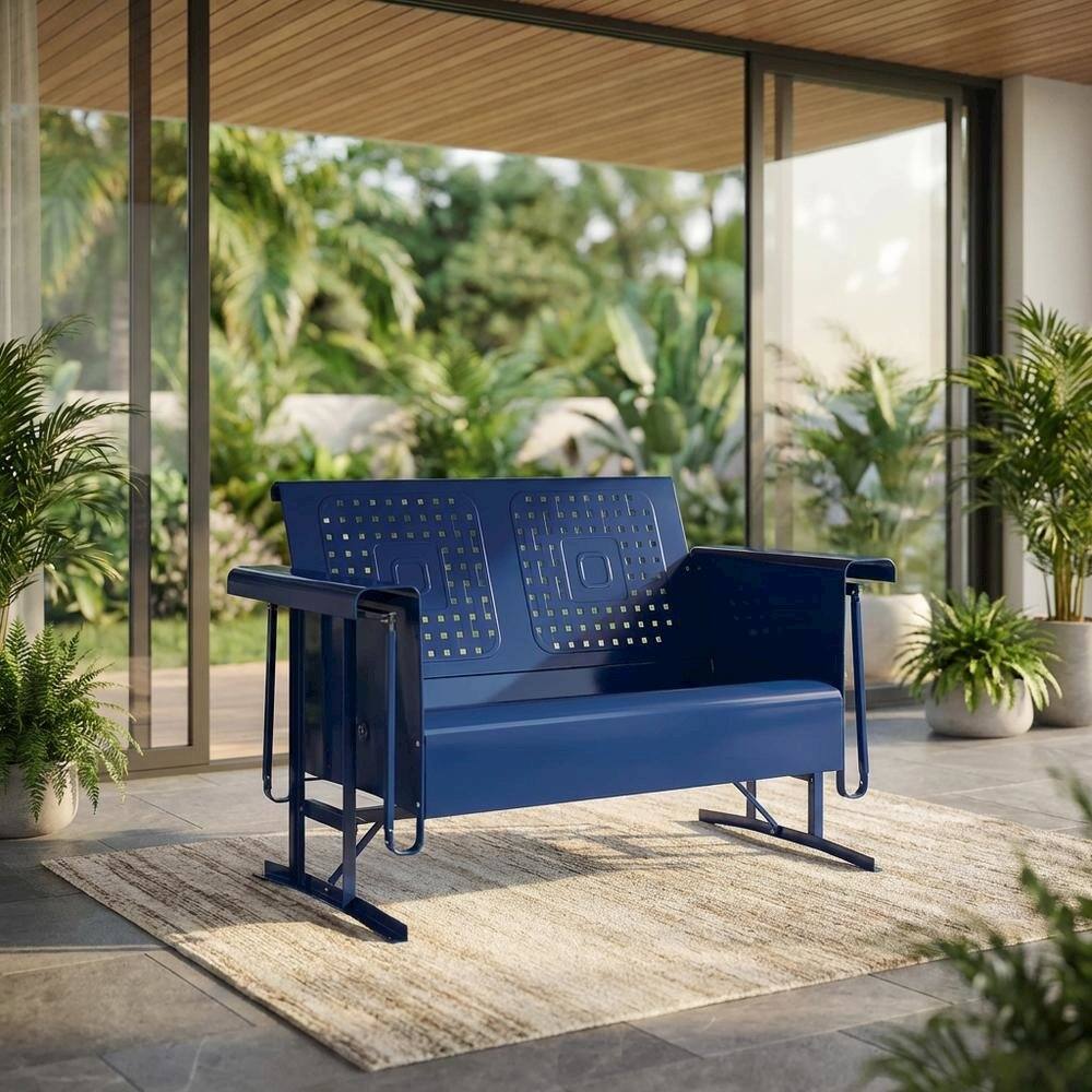Alt View 4. Outdoor Escape - Navy Metal Patio Glider Bench – Outdoor Seating for Two with Retro Charm - Navy Gloss.