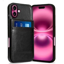 Entronix - Slim Leather Wallet Case for iPhone 16 Plus - 6 Slot Card Holder - Black