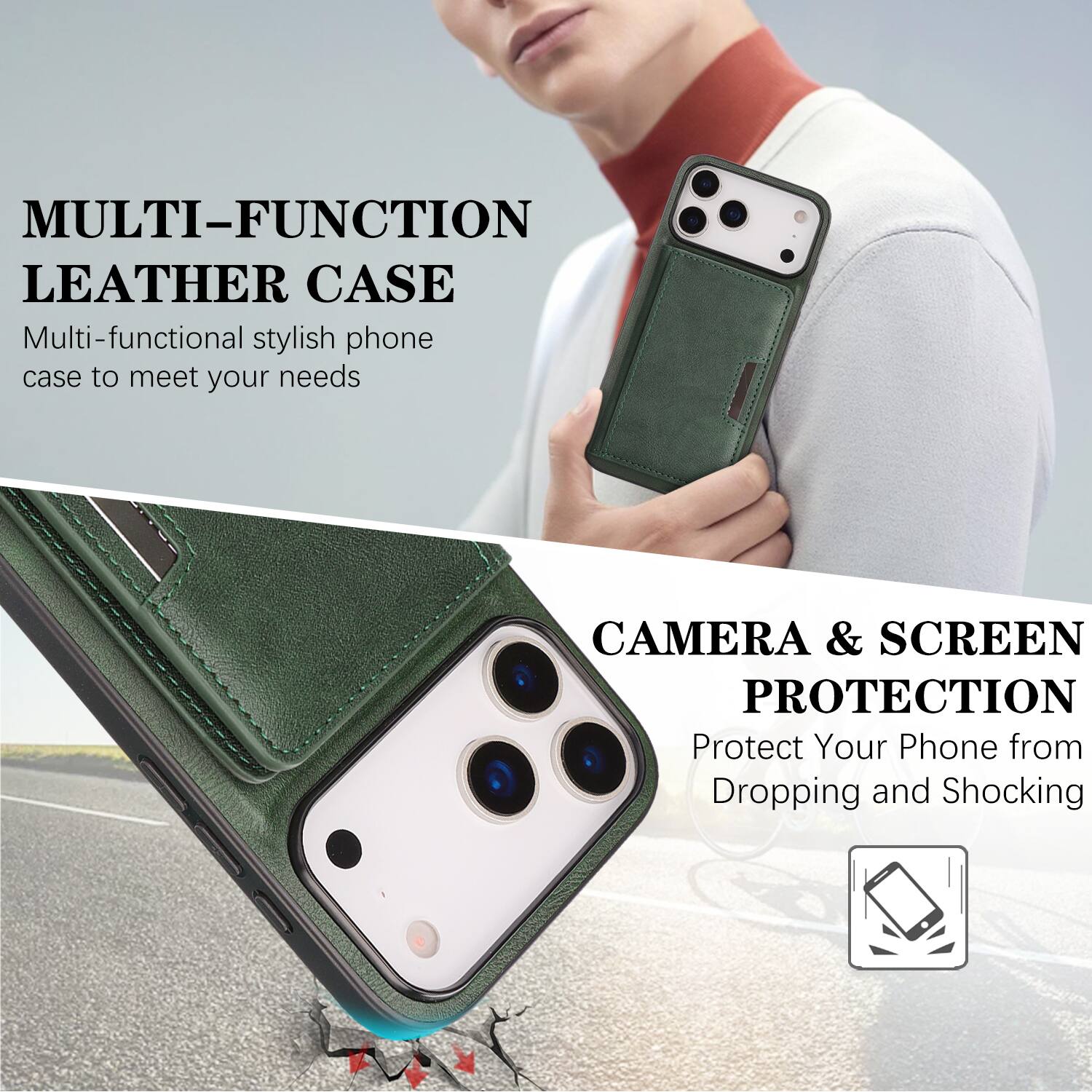 MULTI-FUNCTION LEATHER CASE  
Multi-functional stylish phone case to meet your needs  

CAMERA & SCREEN PROTECTION  
Protect Your Phone from Dropping and Shocking