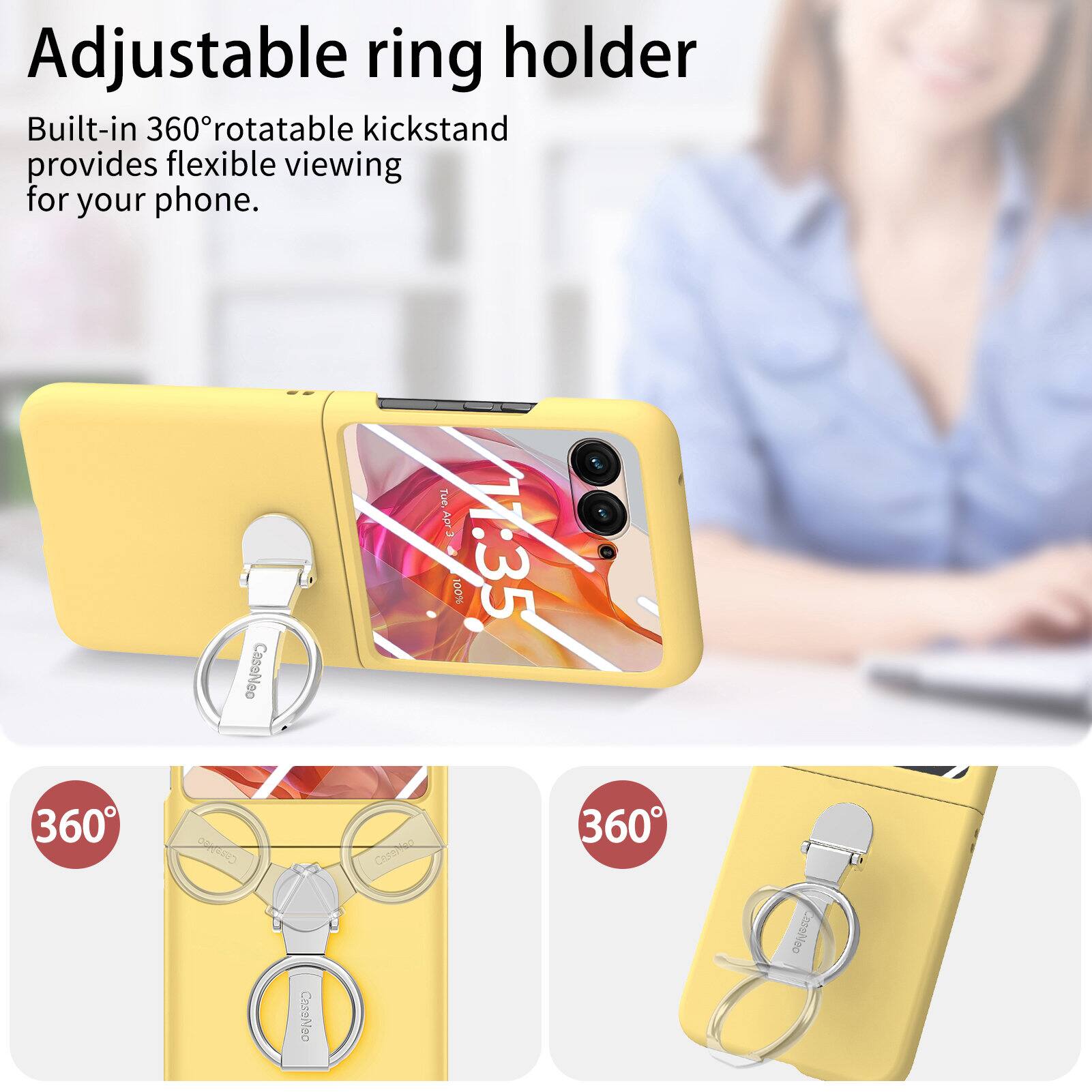 Adjustable ring holder

Built-in 360° rotatable kickstand provides flexible viewing for your phone.