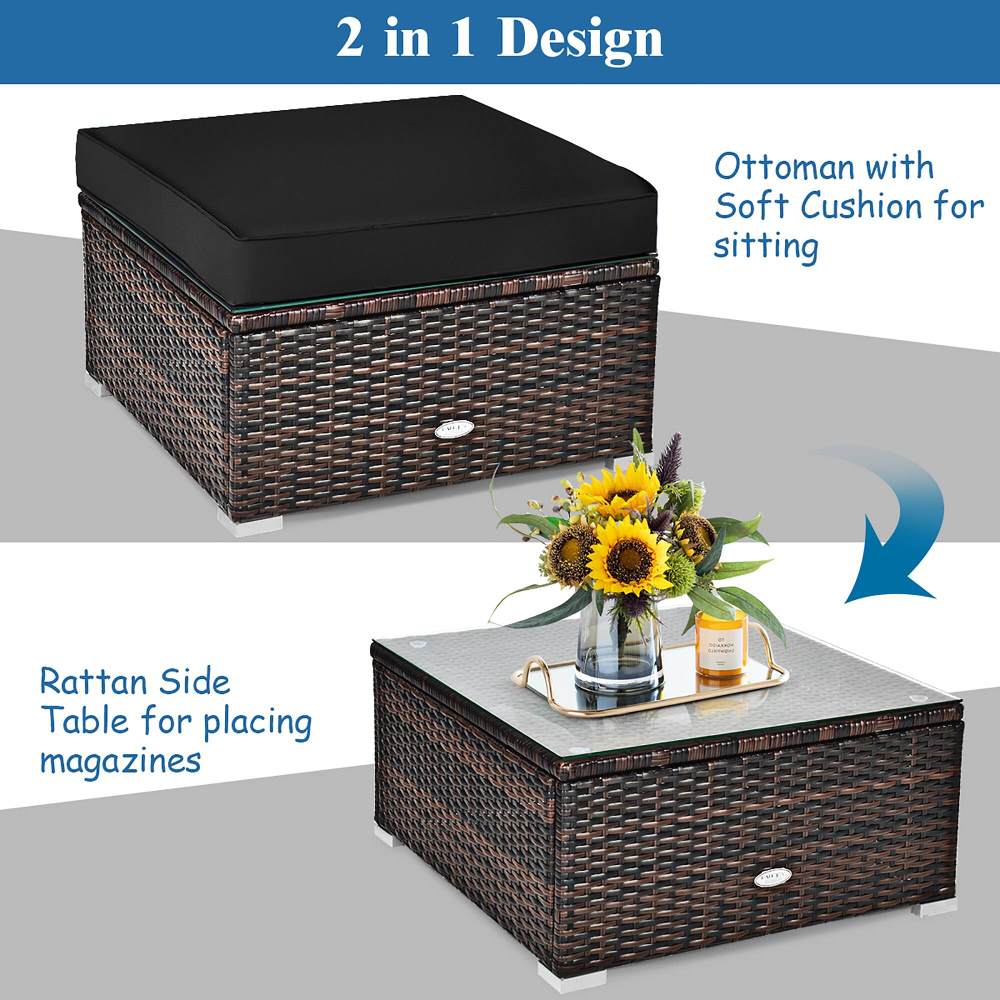 The text on the image is grouped and corrected as follows:

"2 in 1 Design Ottoman with Soft Cushion for sitting - Rattan Side Table for placing magazines - Taa."
