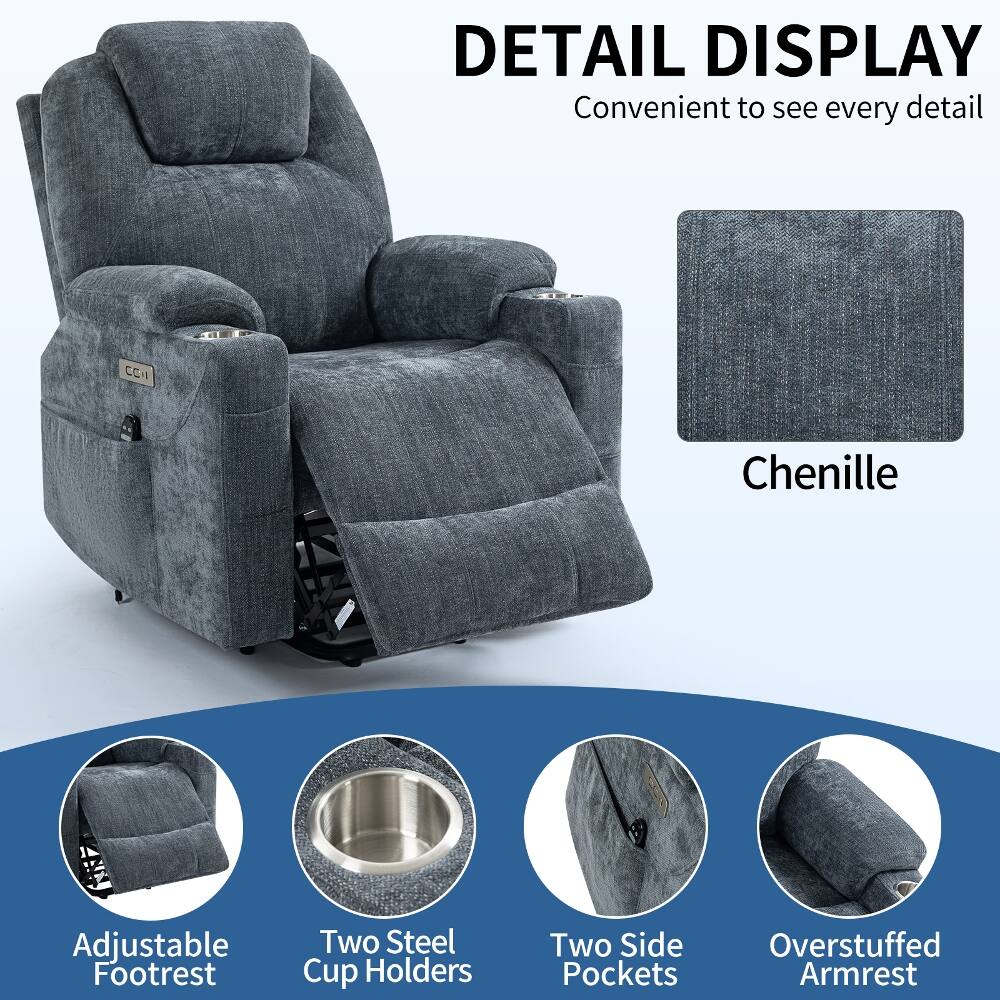 DETAIL DISPLAY  
Convenient to see every detail

Chenille

Adjustable Footrest

Two Steel Cup Holders

Two Side Pockets

Overstuffed Armrest