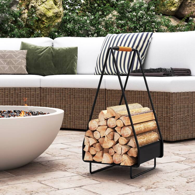 Left. Mondawe - Firewood Storage Rack Heavy-duty Metal Log Holder with Handle and Square Rack - Black.