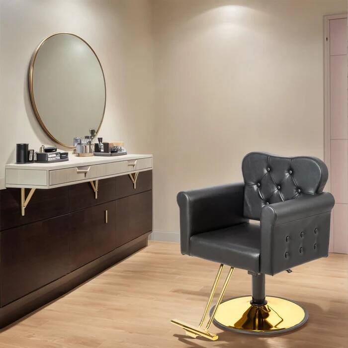 Angle. Winado - Elegant Design Barber Chair Salon Chair with & Tufted Button, Footrest, Hydraulic Pump and Adjustable Height for Beauty - Black & Gold.