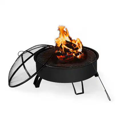 Front. Oumilen - 30" Round Outdoor Fire Pit with Grill & Spark Screen.