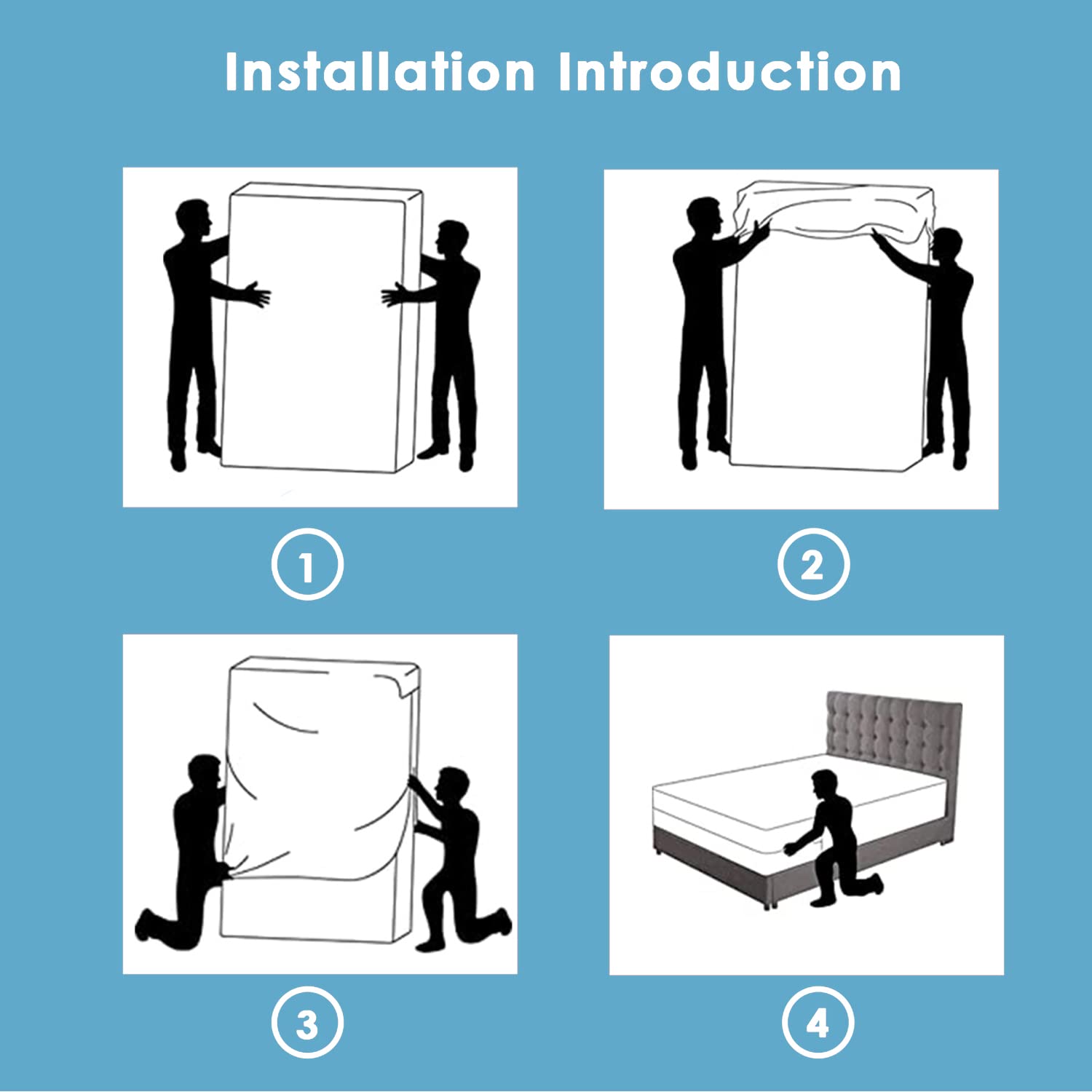 Installation Introduction

1. [Image of two people moving a large box]
2. [Image of two people unwrapping a large box]
3. [Image of two people removing a cover from a mattress]
4. [Image of a person placing a mattress on a bed frame]