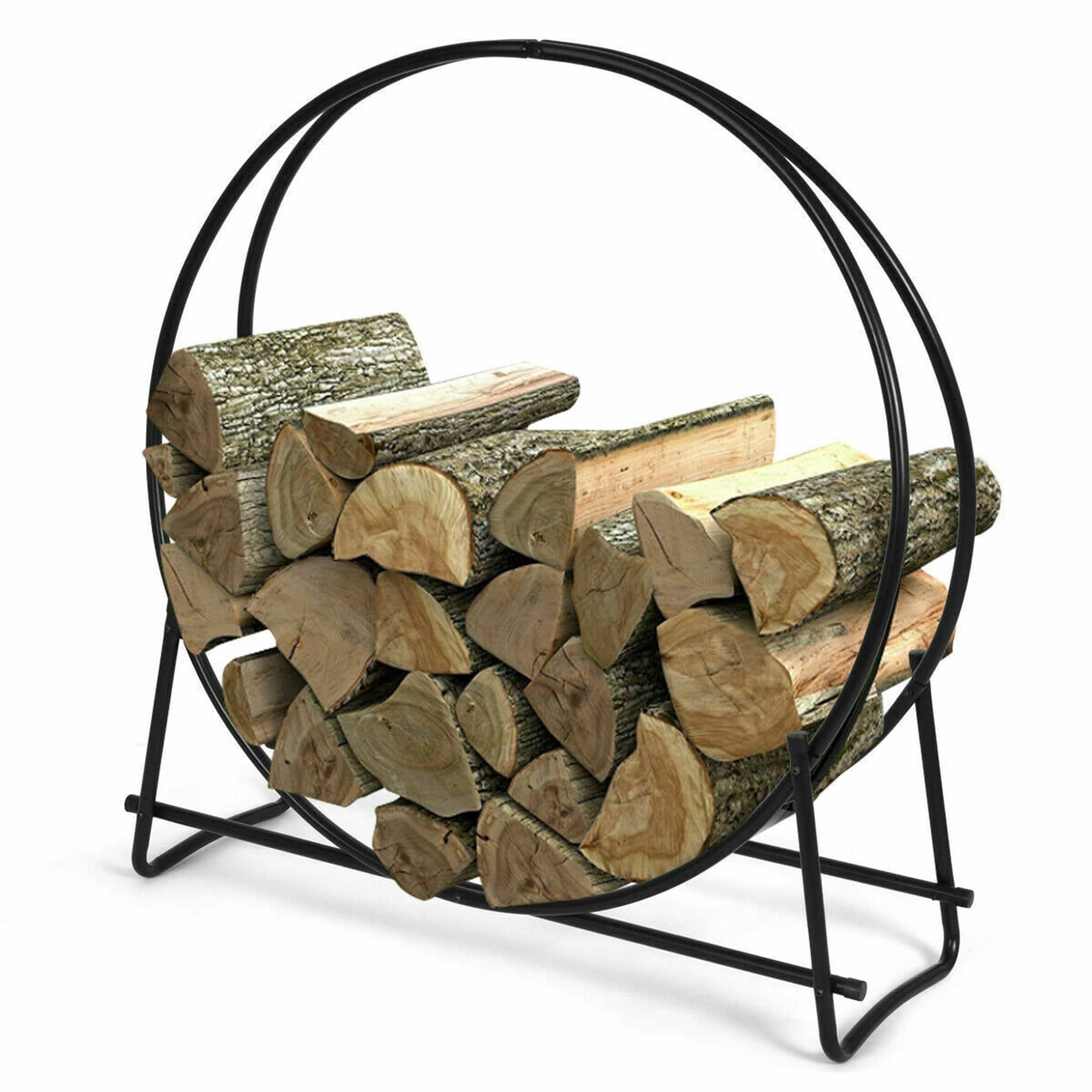 Gymax - 40'' Steel Tubular Log Hoop Round Firewood Storage Holder Rack - Black