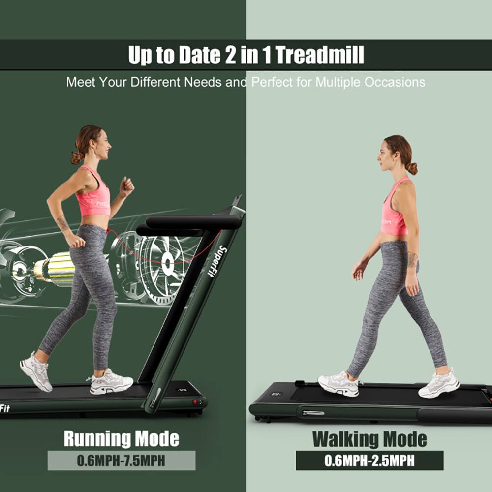 Up to Date 2 in 1 Treadmill  
Meet Your Different Needs and Perfect for Multiple Occasions  

SuperFit  
Running Mode: 0.6MPH-7.5MPH  
Walking Mode: 0.6MPH-2.5MPH