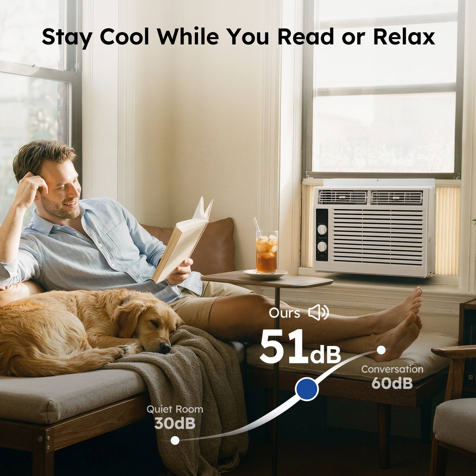 Stay Cool While You Read or Relax

Ours 51dB  
Conversation 60dB  
Quiet Room 30dB
