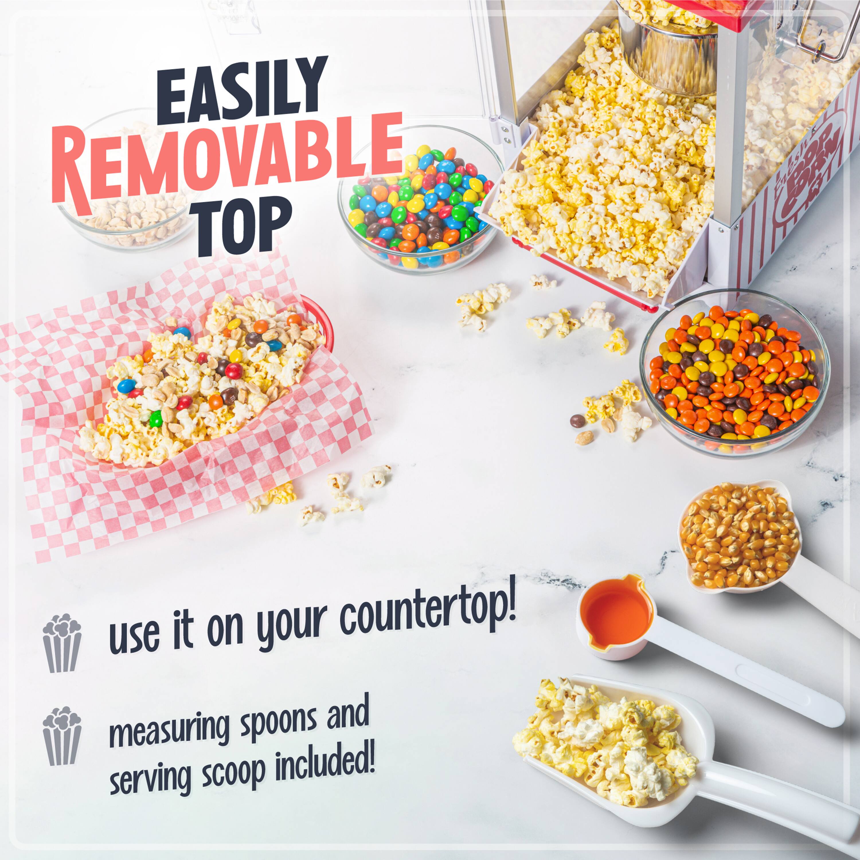 EASILY REMOVABLE TOP  
use it on your countertop!  
measuring spoons and serving scoop included!