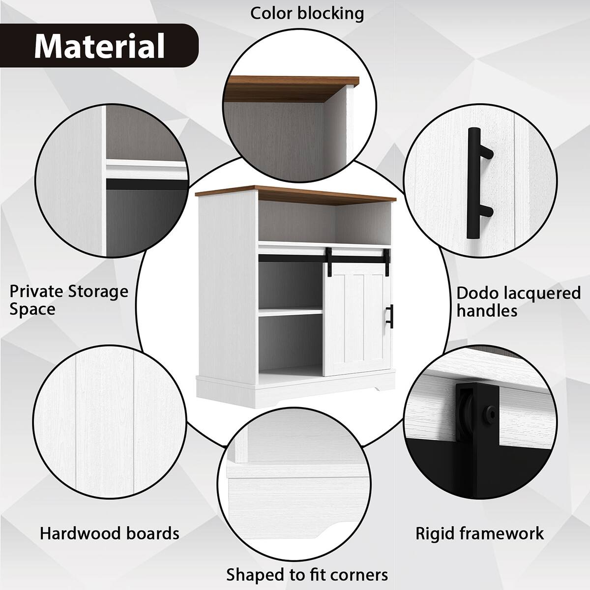 Material: Private Storage Space, Color blocking, I Dodo lacquered handles, Hardwood boards, Rigid framework, Shaped to fit corners.
