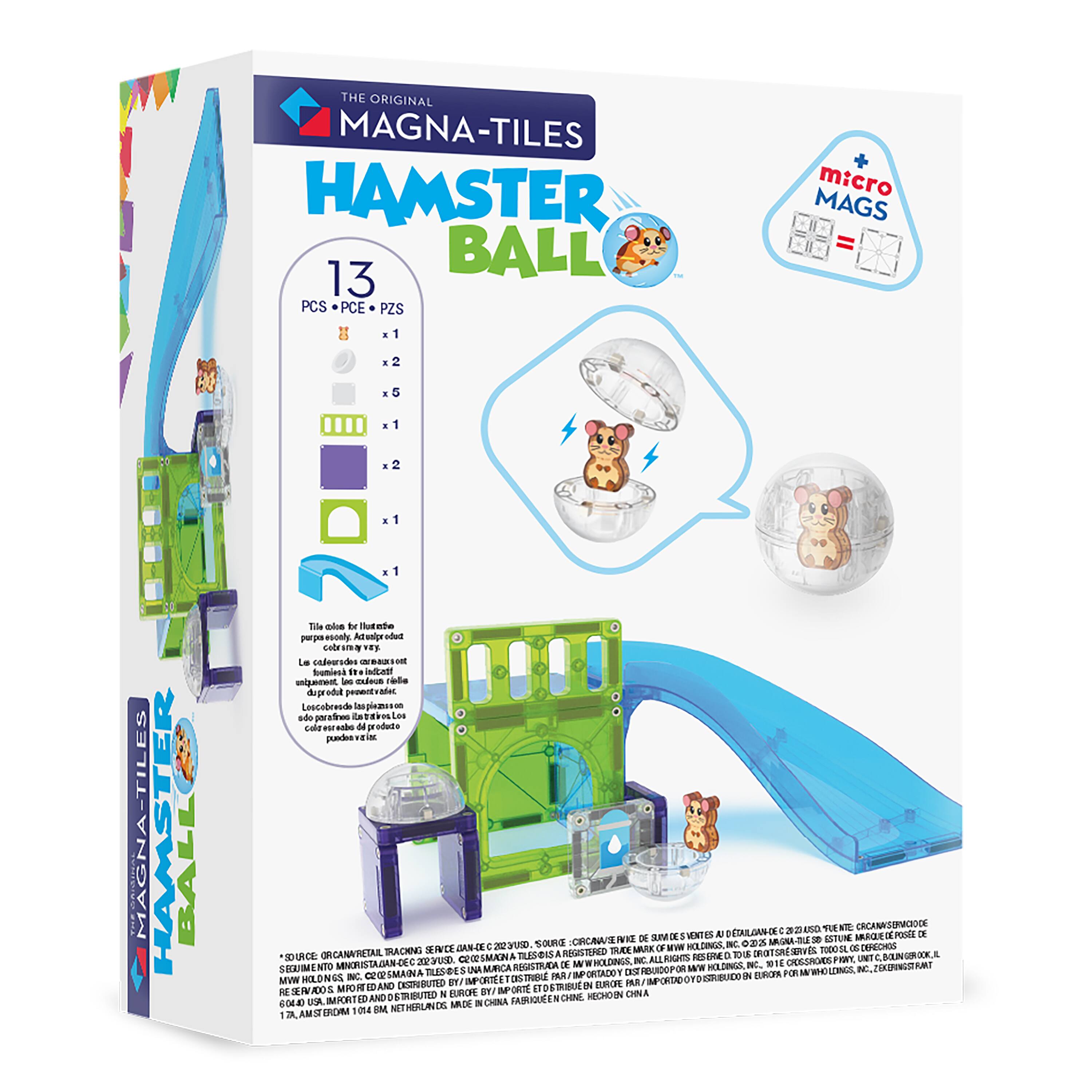 Sure, here is the corrected and grouped text from the image:

---

**THE ORIGINAL MAGNA-TILES**

**HAMSTER BALL**

**13 PCS - PCE - PZS**

- 8 x 1
- 2 x 2
- 5 x 1
- 1 x 1
- 2 x 1
- 1 x 1

**+ micro MAGS**

**Tile color for Hamster Ball:**

- The colors of the tiles are indicated on the packaging.
- La couleur des tuiles est indiquée sur l'emballage.
- Los colores de las piezas están indicados en el empaque.
- Le colori delle tile sono indicati sullo scatolo.
- De kleur van de tiles is aangegeven op het verpakking.
- Die Farbe der Tiles ist auf der Verpackung angegeben.
- La color de las piezas está indicado en el envase.
- The color of the tiles is indicated on the packaging.

**MAGNA-TILES**

**IMPORTED FROM CHINA**

**MADE IN CHINA**

**MADE IN CHINA**

**MADE IN CHINA**

**MADE IN CHINA