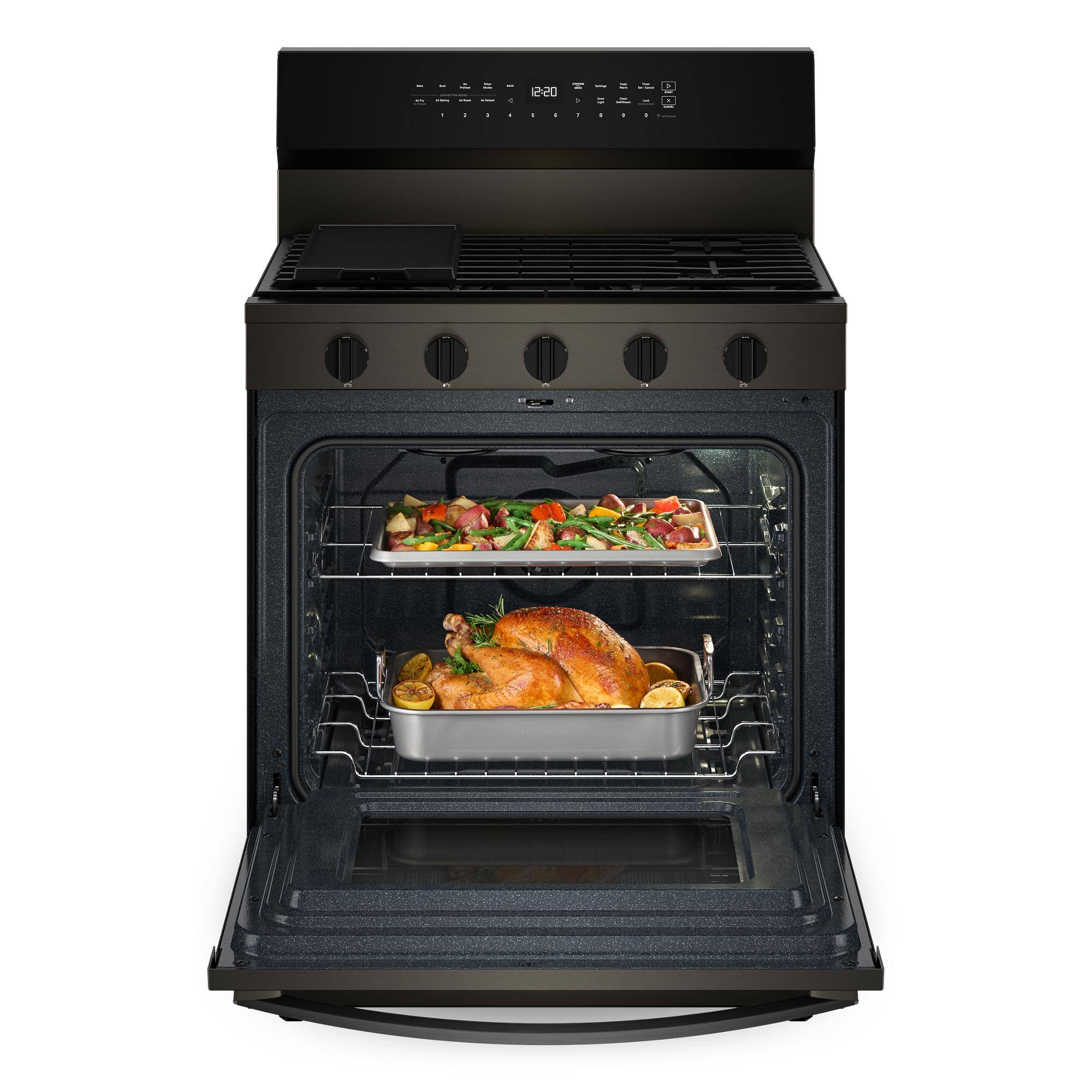 Left. Whirlpool - 5.0 Cu. Ft. Freestanding Gas Range with Air Cooking Technology - Black-on-Stainless.