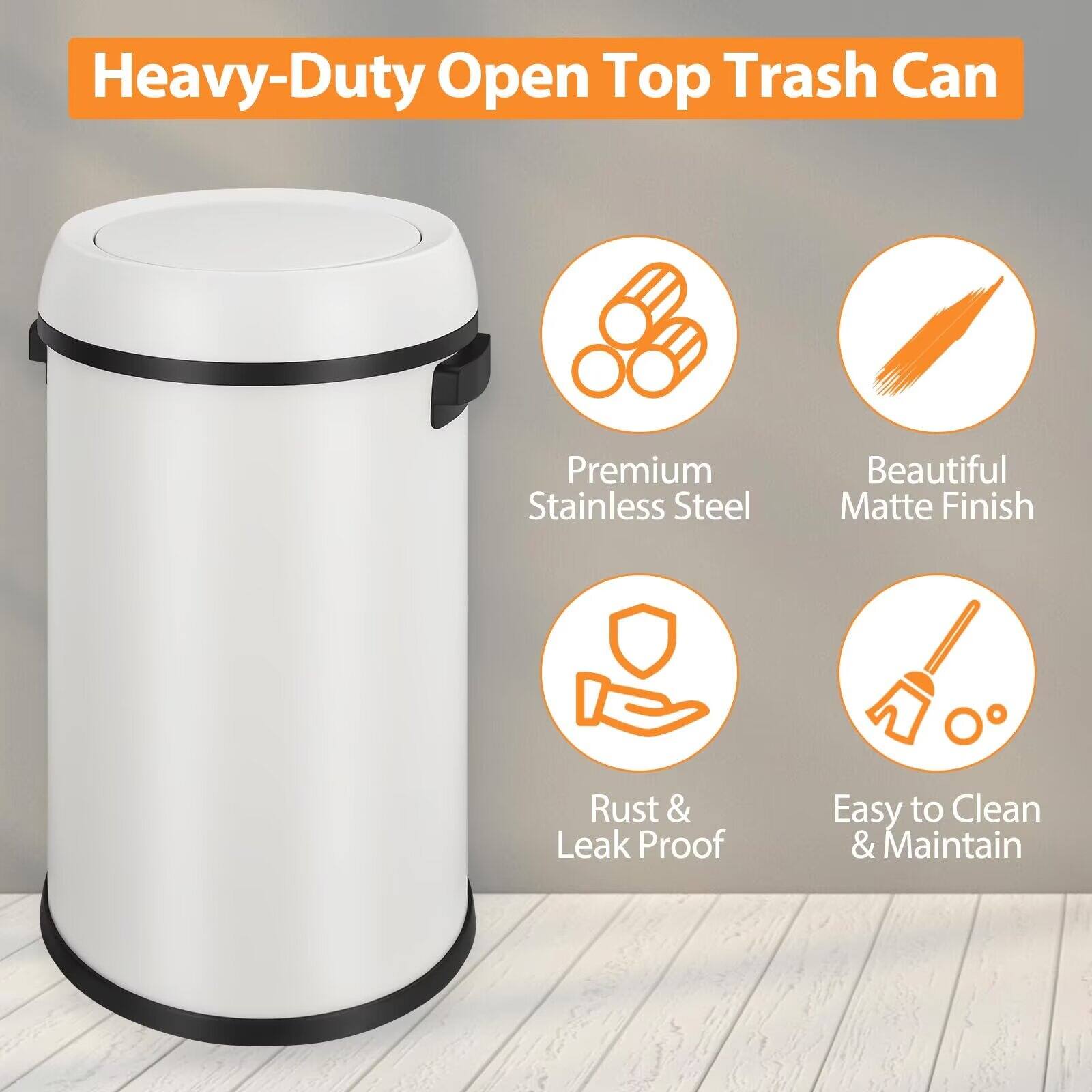 Heavy-Duty Open Top Trash Can

- Premium Stainless Steel
- Beautiful Matte Finish
- Rust & Leak Proof
- Easy to Clean & Maintain