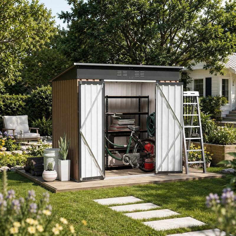 Angle. RYHNUYNE - 6x4 FT Brown Metal Garden Storage Shed with Hinge Door & Pent Roof, Outdoor Shed for Tool Storage - Black.