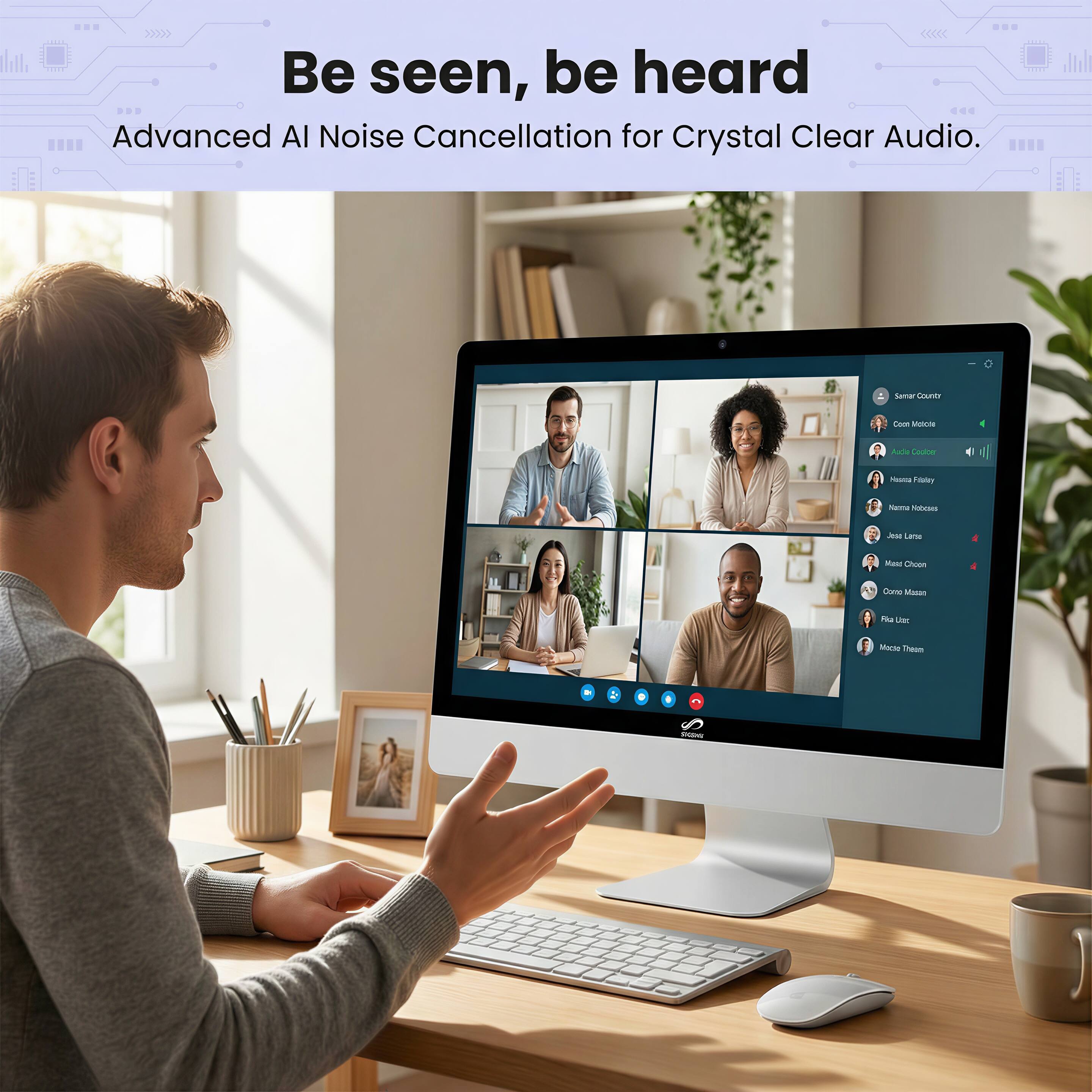 Be seen, be heard  
Advanced AI Noise Cancellation for Crystal Clear Audio.