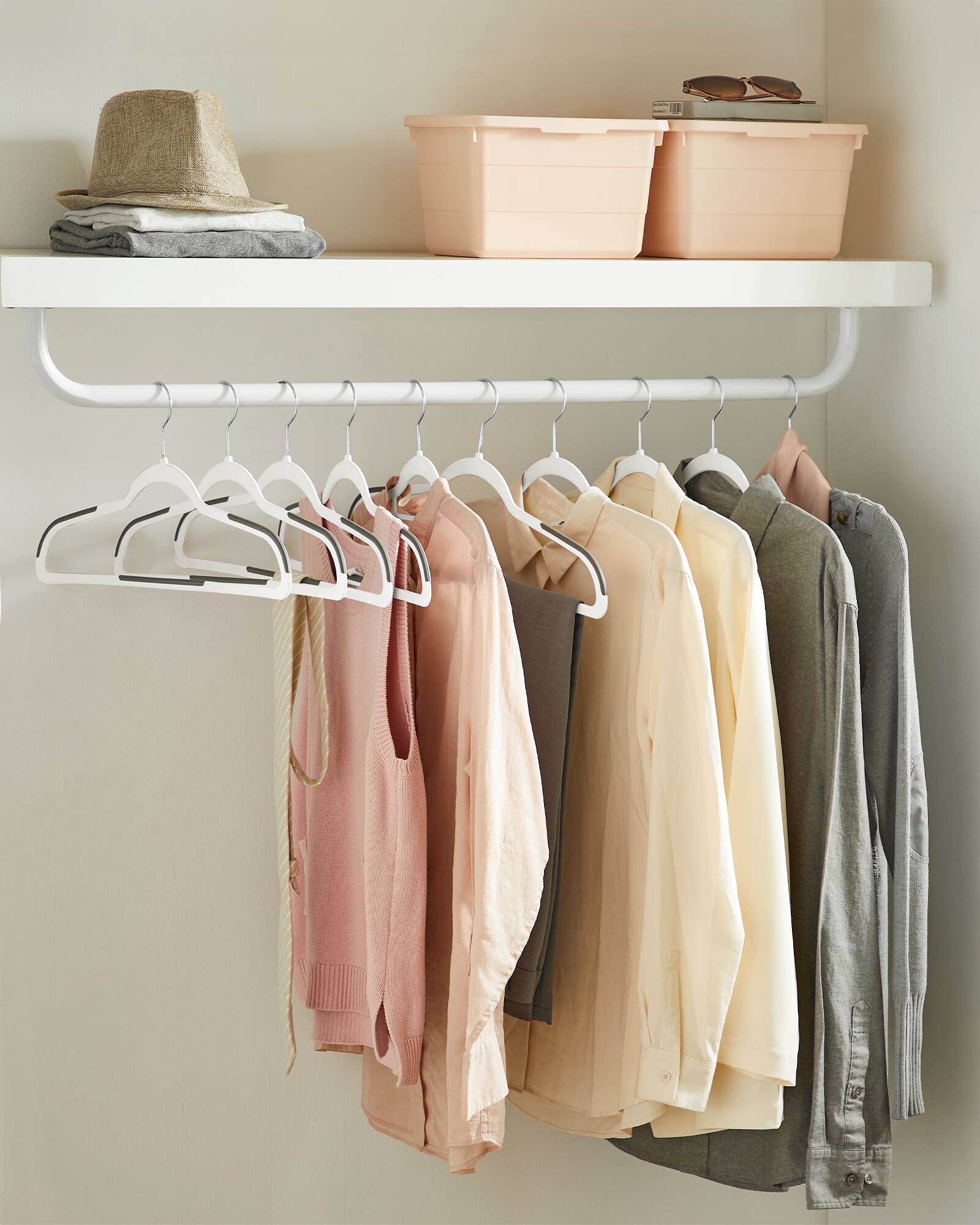 Left. Songmics Home - Clothes Hangers, Pack of 30 Plastic Coat Hangers, Space-Saving, 0.2 Inches Thick, 17.7 Inches Wide, 360° Swivel Hook - White and Dark Gray.