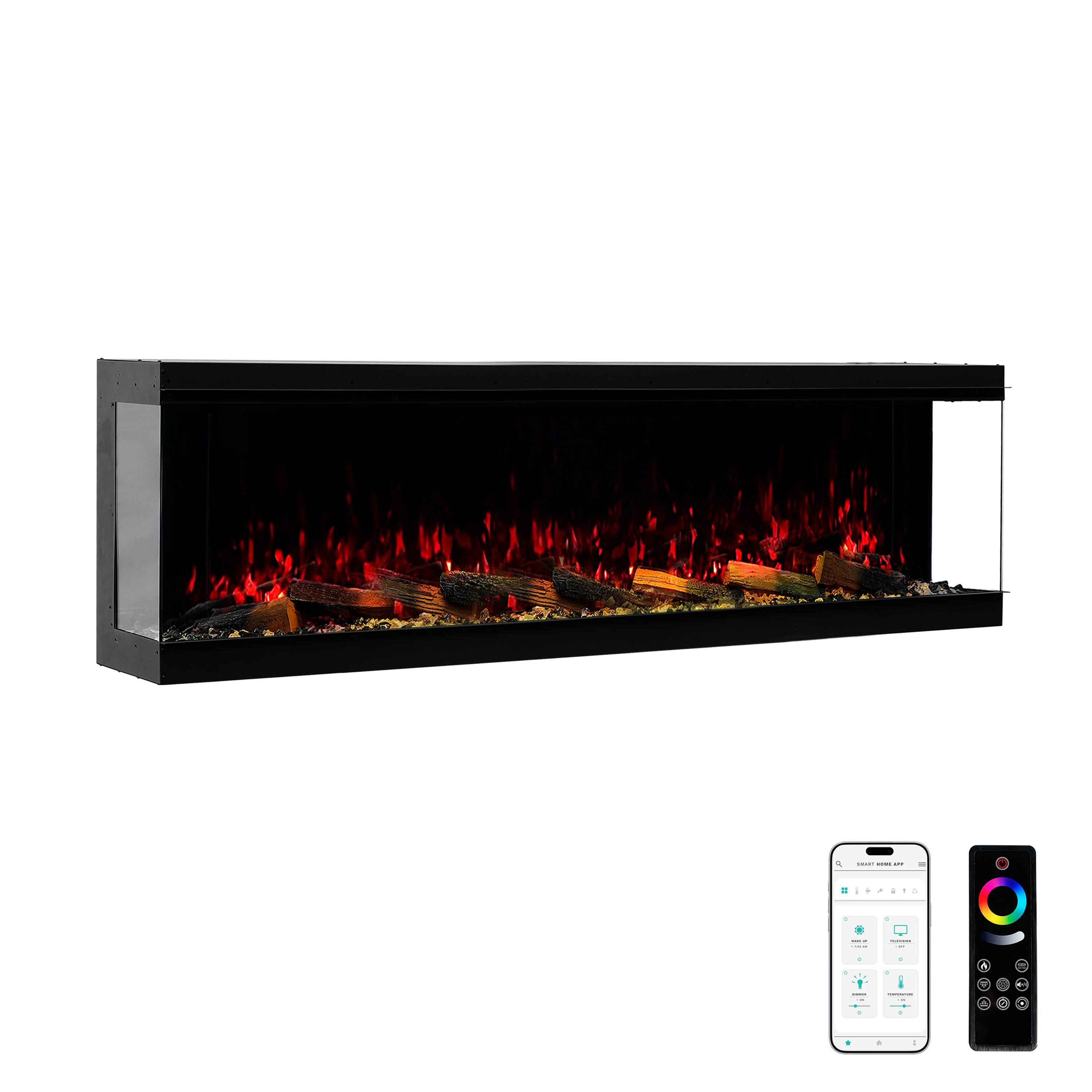 Front. Mondawe - 60" Recessed/Wall Mounted 3-Sided Electric Fireplace with App and Wifi Smart Control, 1500W/3000W PTC Ceramic Heating - Black.