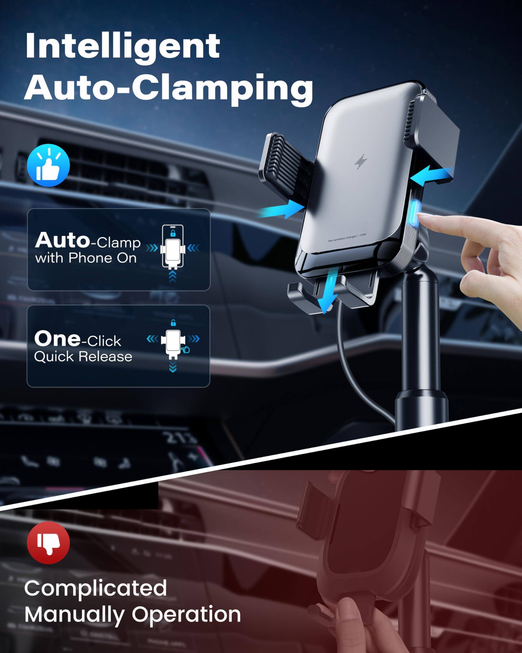Intelligent Auto-Clamping

- Auto-Clamp with Phone On
- One-Click Quick Release

Complicated Manually Operation