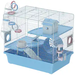 Pawhut - Cage, 3-Tier Small Animal Cage with Exercise Wheel, Food Bowl, Water Bottle, House - Blue