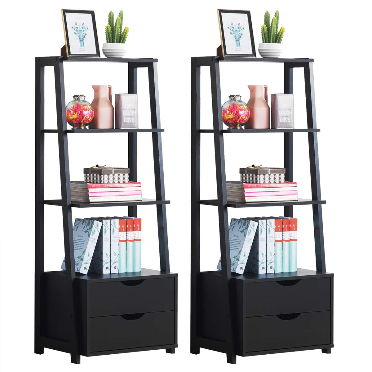 Costway - 2 PCS 4 Tier Bookshelf Ladder Rack Modern Wood Storage Display Shelving with Drawers - Black