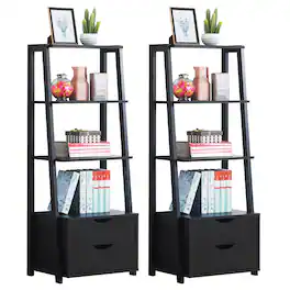 Costway - 2 PCS 4 Tier Bookshelf Ladder Rack Modern Wood Storage Display Shelving with Drawers - Black