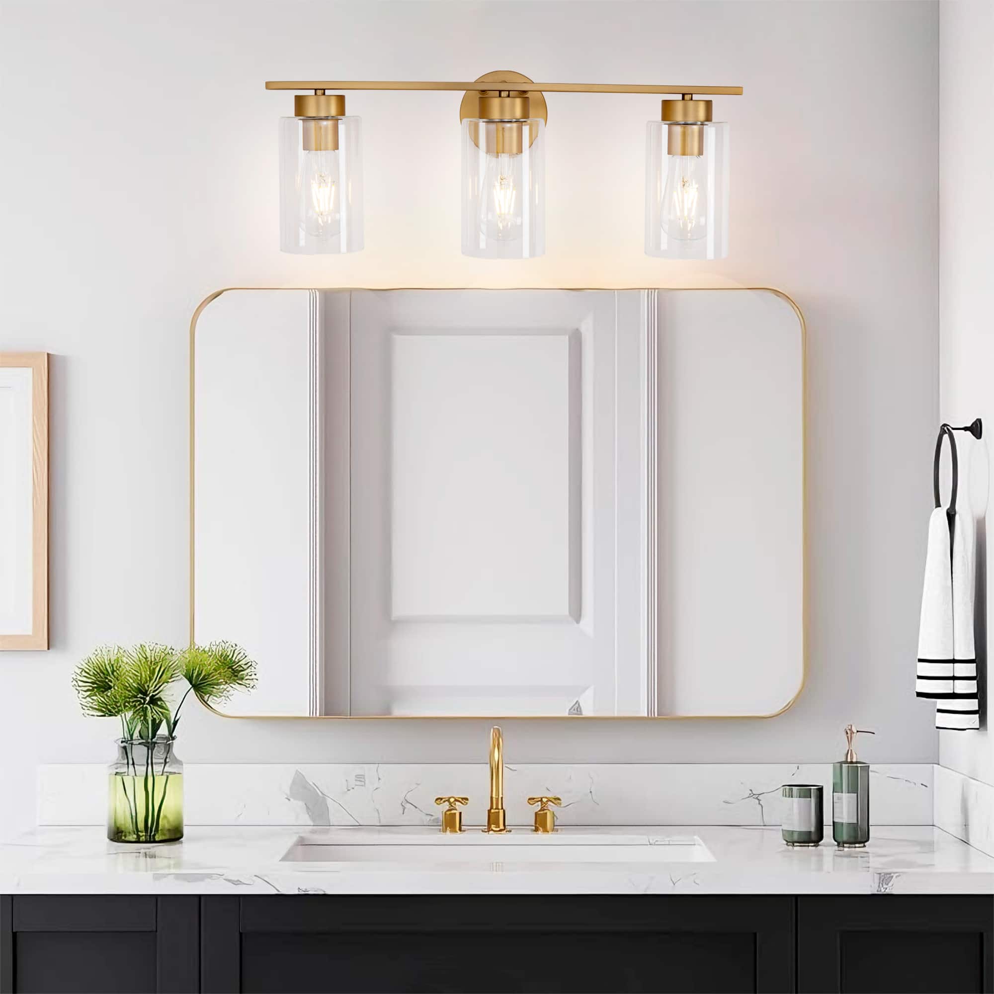 Akoasm - 3-Light Brushed Gold Dimmable Vanity Light with Clear Glass Shades – Modern Bathroom & Kitchen Wall Sconce