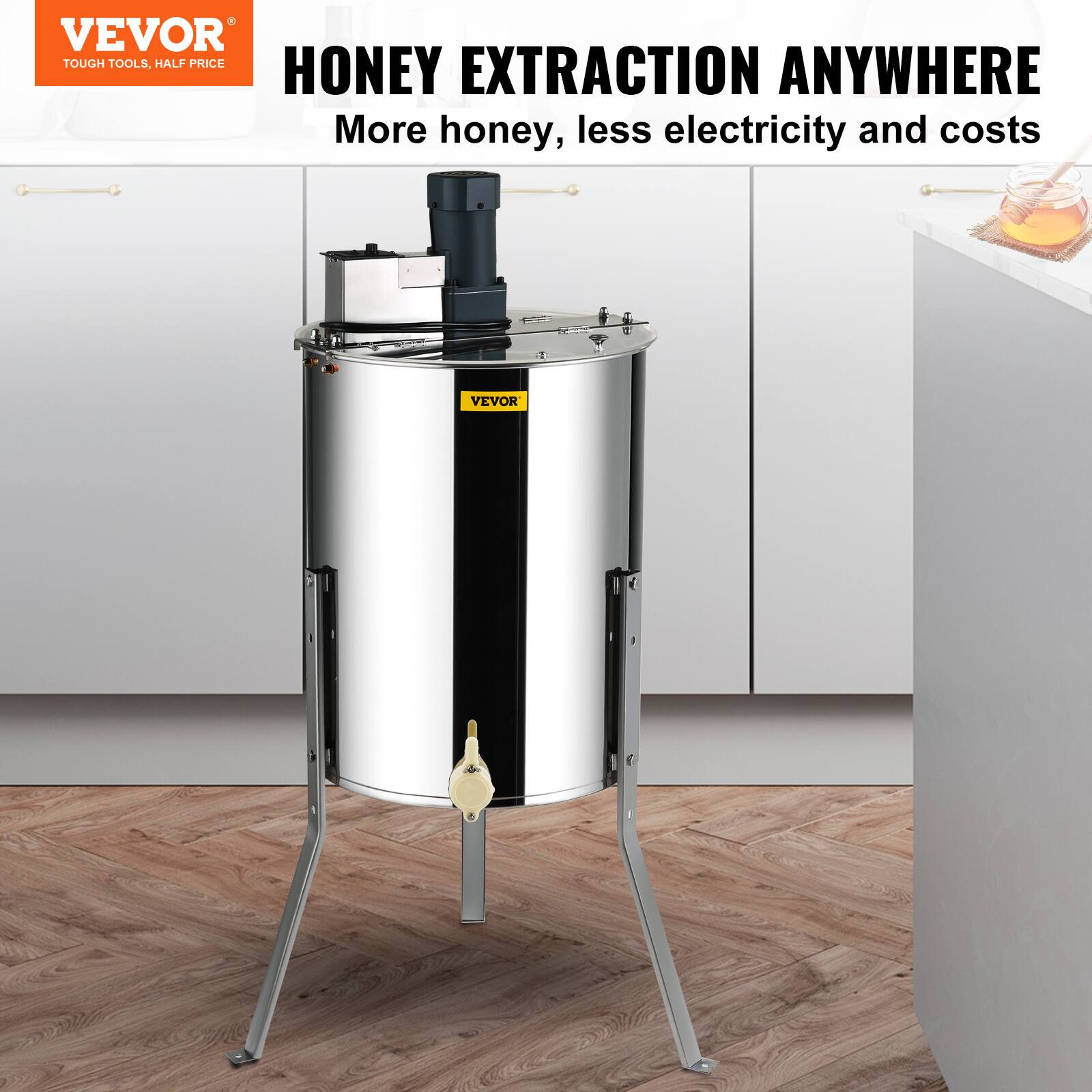 VEVOR  
TOUGH TOOLS, HALF PRICE  

HONEY EXTRACTION ANYWHERE  
More honey, less electricity and costs