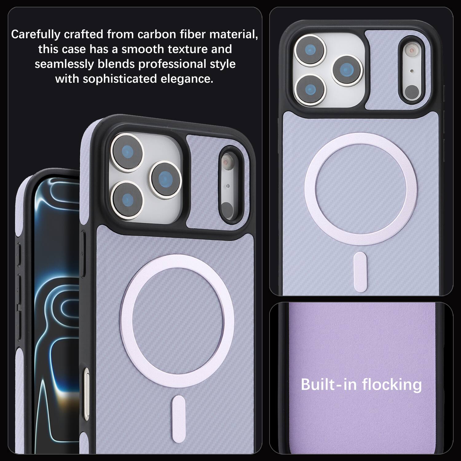 Carefully crafted from carbon fiber material, this case has a smooth texture and seamlessly blends professional style with sophisticated elegance. Built-in flocking