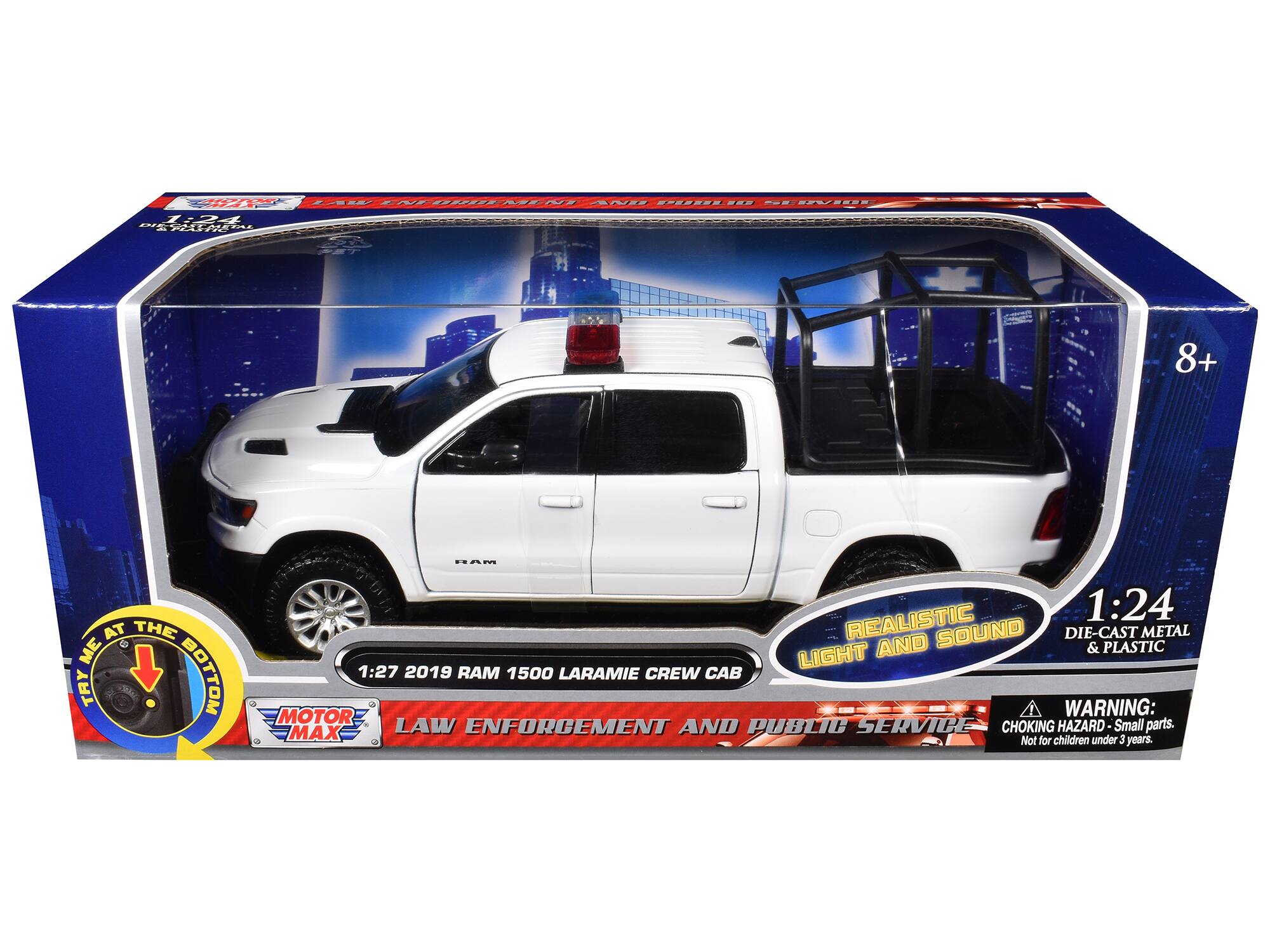 PR A 1:24 AEI - PA2 FA SAES - 0 ANES P .. ! S.SEES FET 8+ Ram AT THE ME TRY BOTTOM REALISTIC 1:24 SOUND DIE-CAST METAL LIGHT AND & PLASTIC 1:27 2019 RAM 1500 LARAMIE CREW CAB MOTOR WARNING: MAX LAW ENFORCEMENT AND PUBLIC SERVICE CHOKING HAZARD-Small Small parts. Not for children under 3 years.
