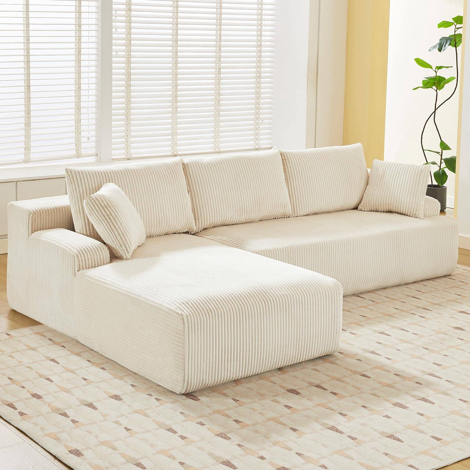 Alt View 3. Babevy - 106" Modular L-Shaped Cloud Couch, Deep Seat Corduroy Sectional Sofa with Memory Foam, L/R Facing Chaise - Beige.