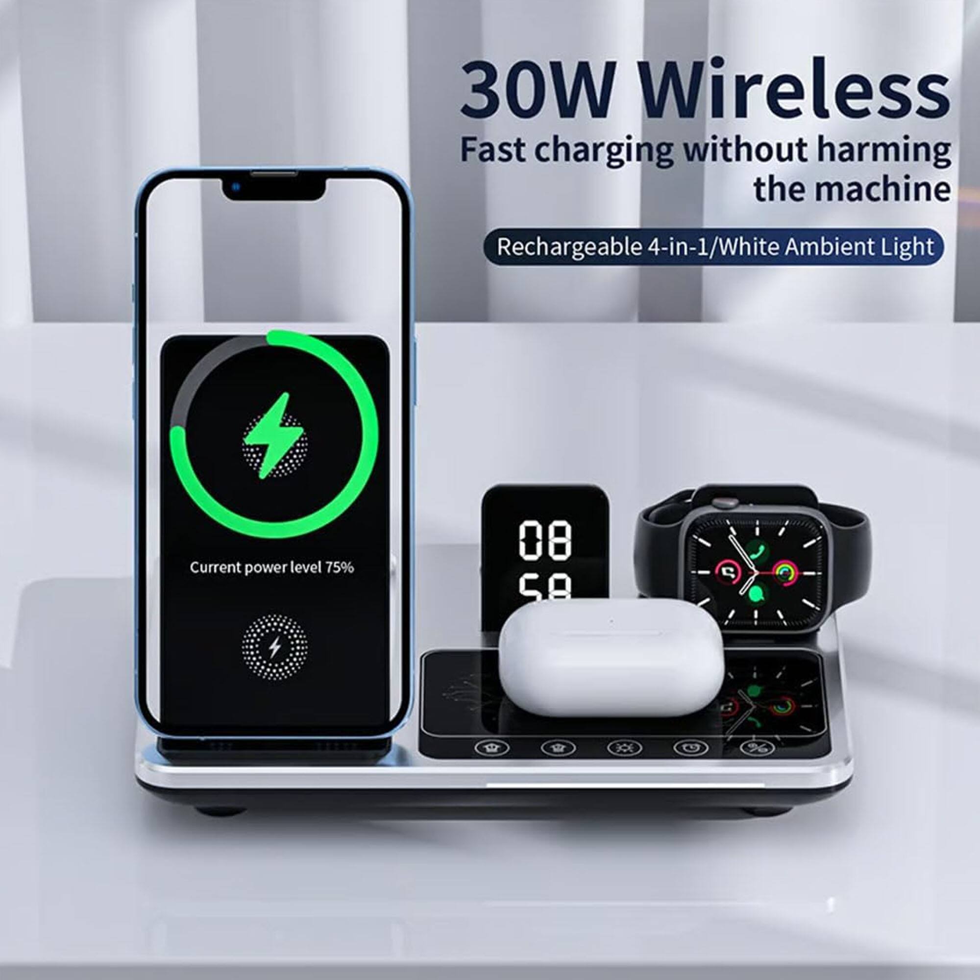 30W Wireless Fast charging without harming the machine  
Rechargeable 4-in-1/White Ambient Light  
Current power level 75%