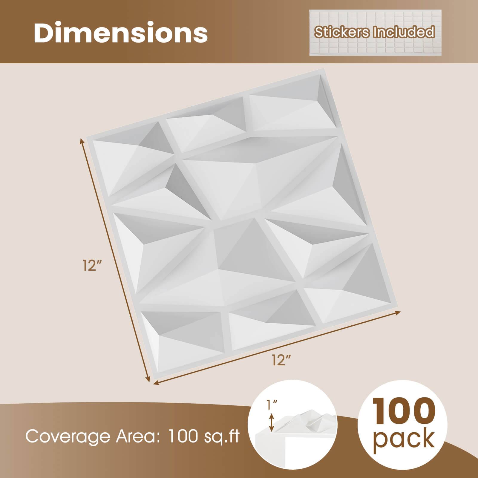 Dimensions  
Stickers Included  
12" x 12"  
Coverage Area: 100 sq.ft  
1"  
100 pack