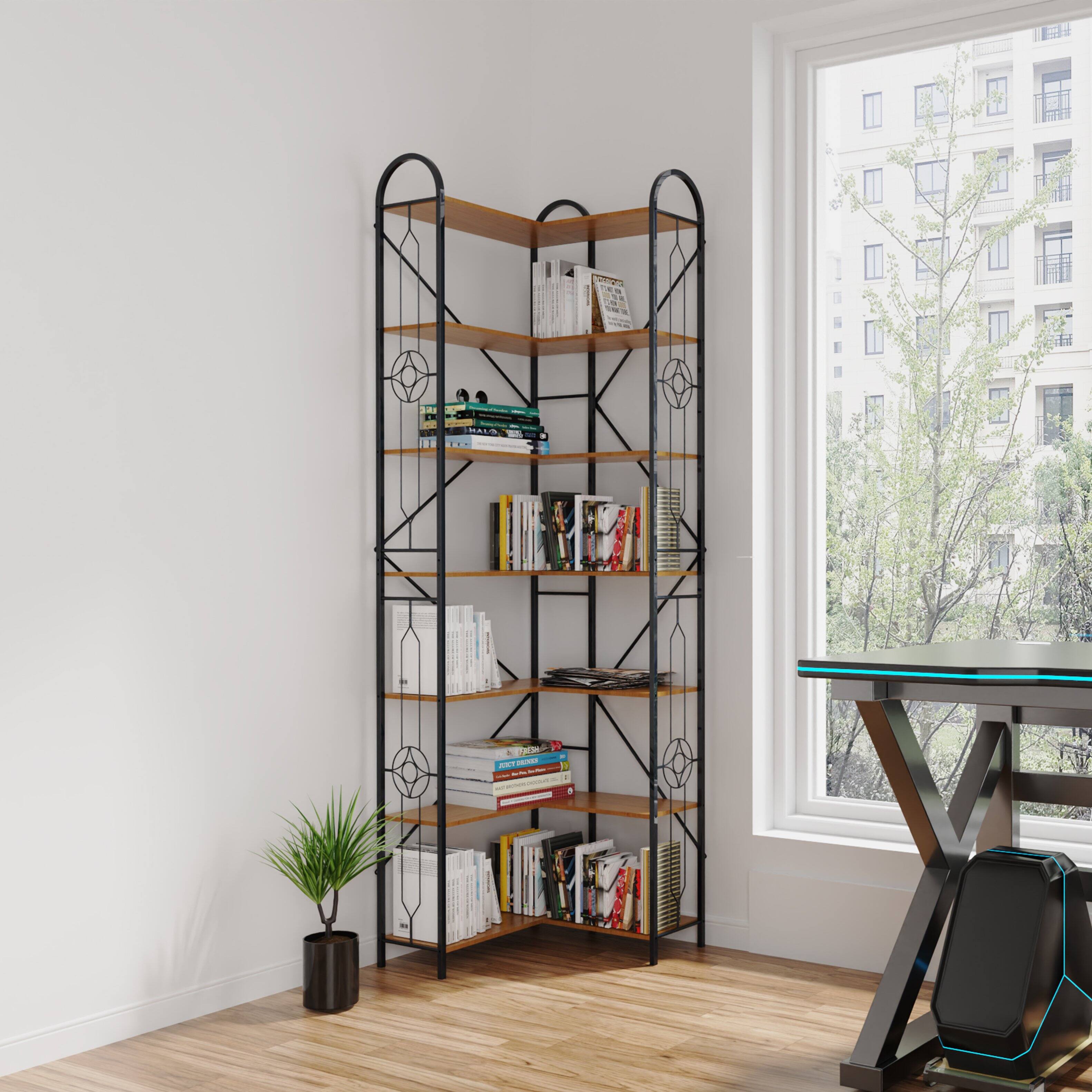 Front. Tiramisubest - 7-Tier Industrial Corner Bookshelf, L-Shaped Bookcase Freestanding Display Shelf,Space-Saving Design - Brown.