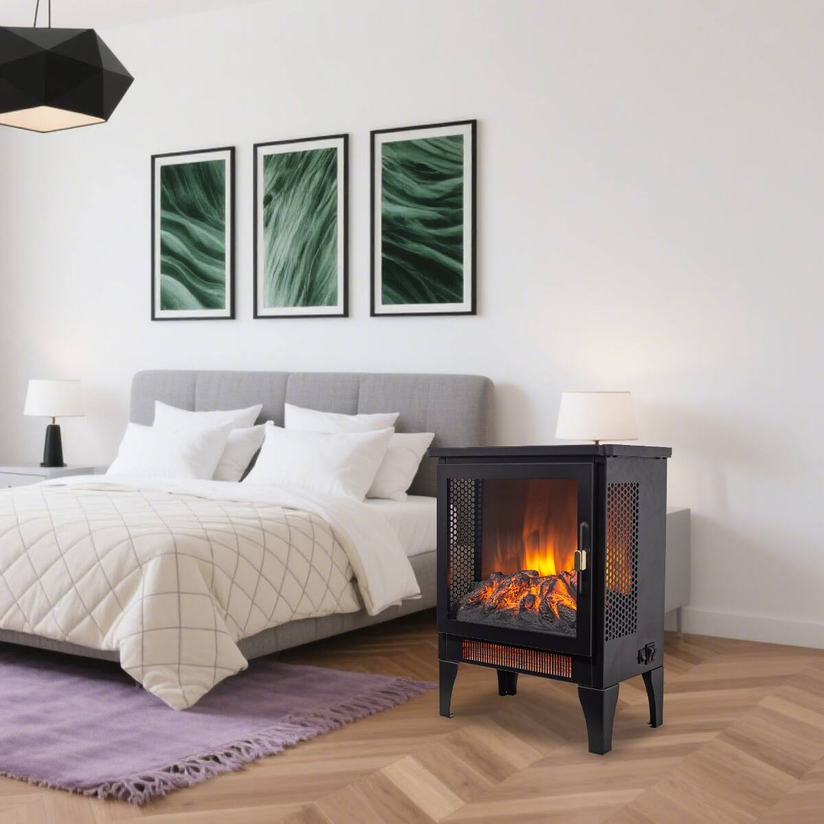 Alt View 10. Loheer - Loheer 18 inch freestanding electric fireplace with realistic 3D flame effect, Antique Black - Antique Black.