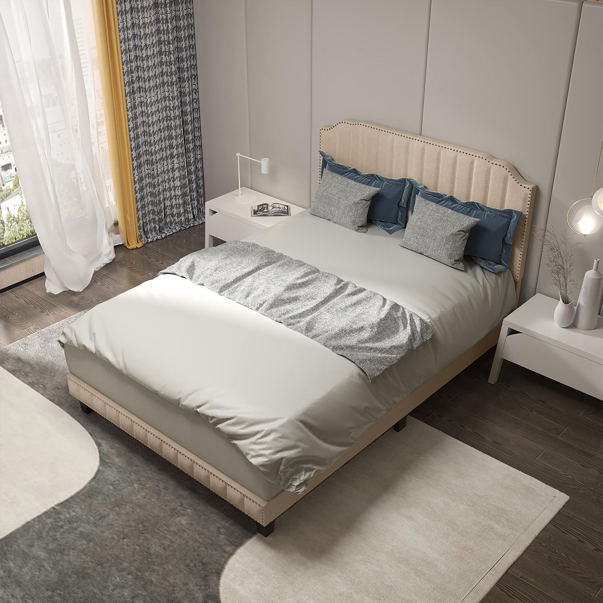 Gymax - Full Upholstered Bed Frame with linen fabric vertical lines Rivets headboard - Beige