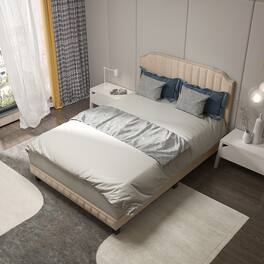 Gymax - Full Upholstered Bed Frame with linen fabric vertical lines Rivets headboard - Beige