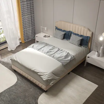 Front. Gymax - Gymax Full Upholstered Bed Frame with linen fabric vertical lines Rivets headboard - Beige.