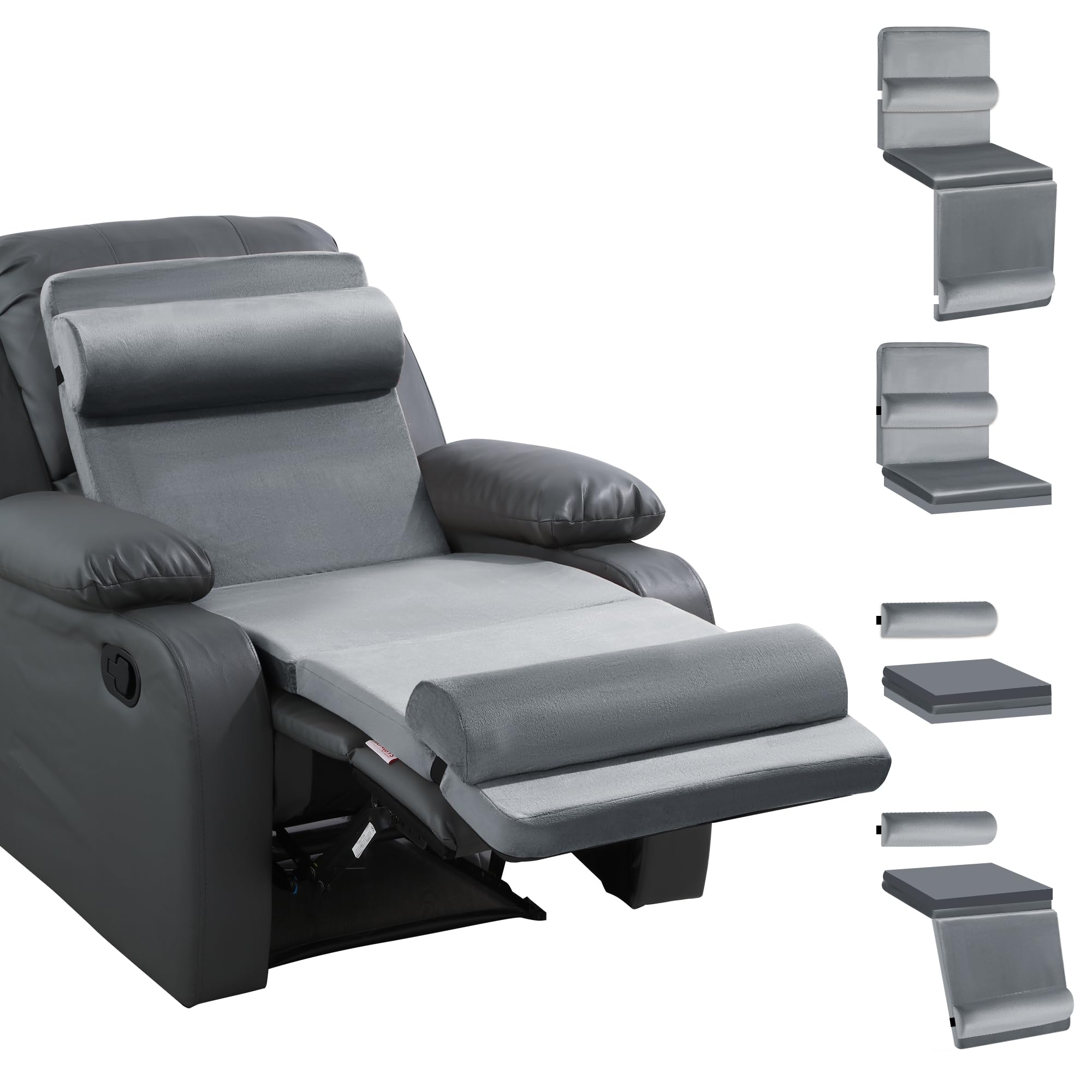 Front. Fabibe - 5-in-1 Recliner Seat Cushion for Elderly+Lumbar Support Pillow + Leg Pad, Velvet, Non-Slip, Washable Design - Grey.